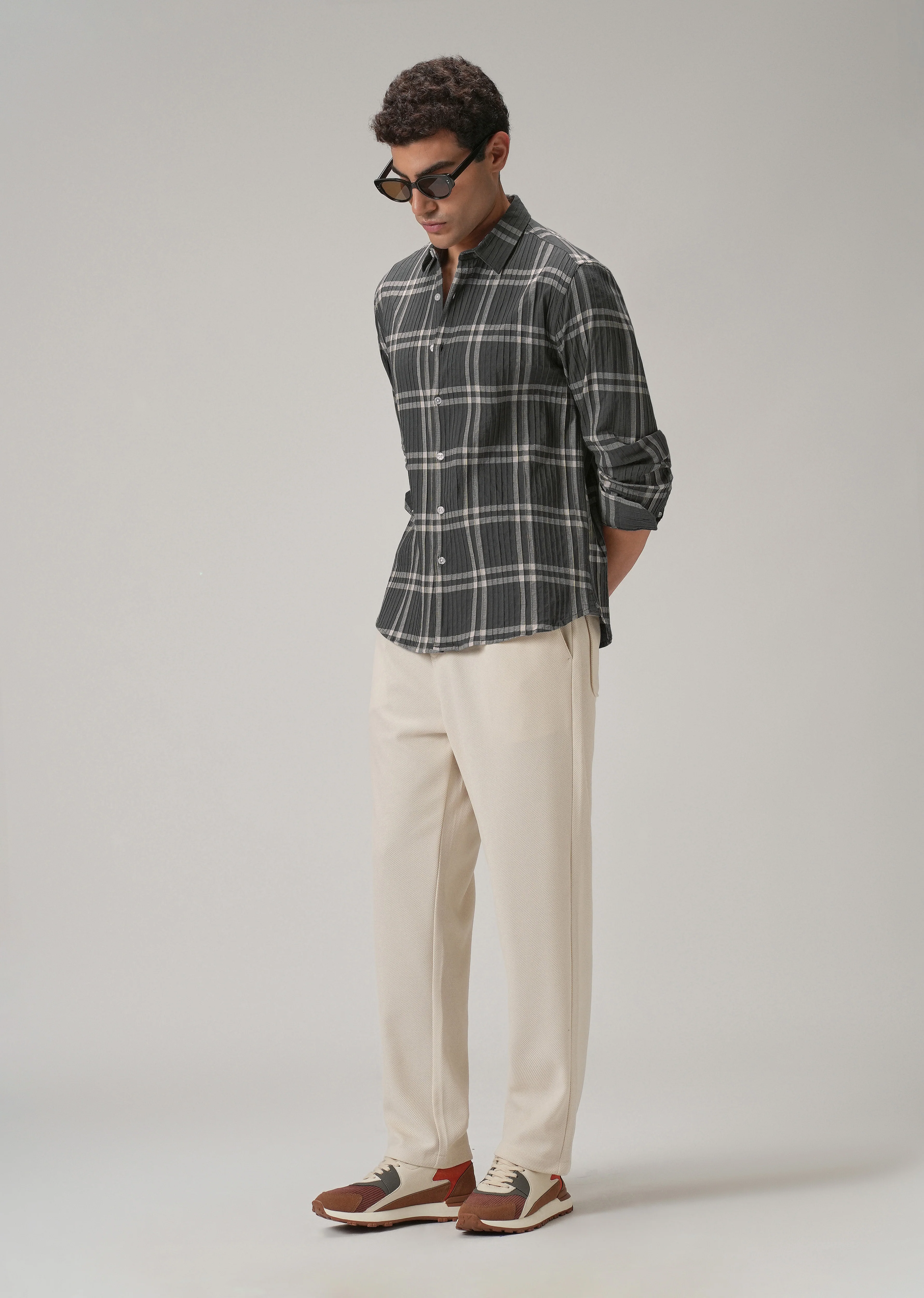 Self Pleat Grey Beige Check Shirt - Image 6