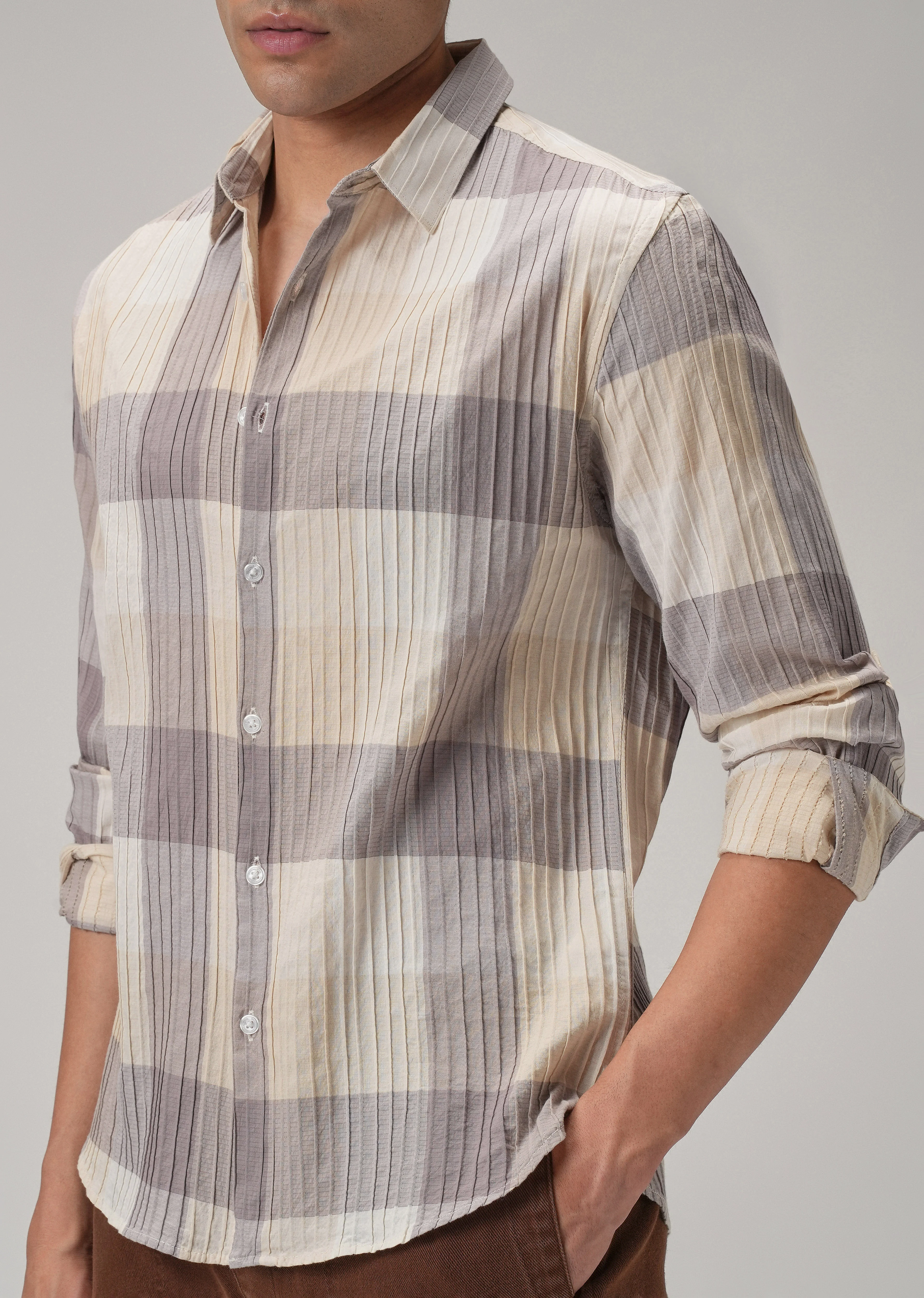 Self Pleat Lavender Beige Check Shirt - Image 7