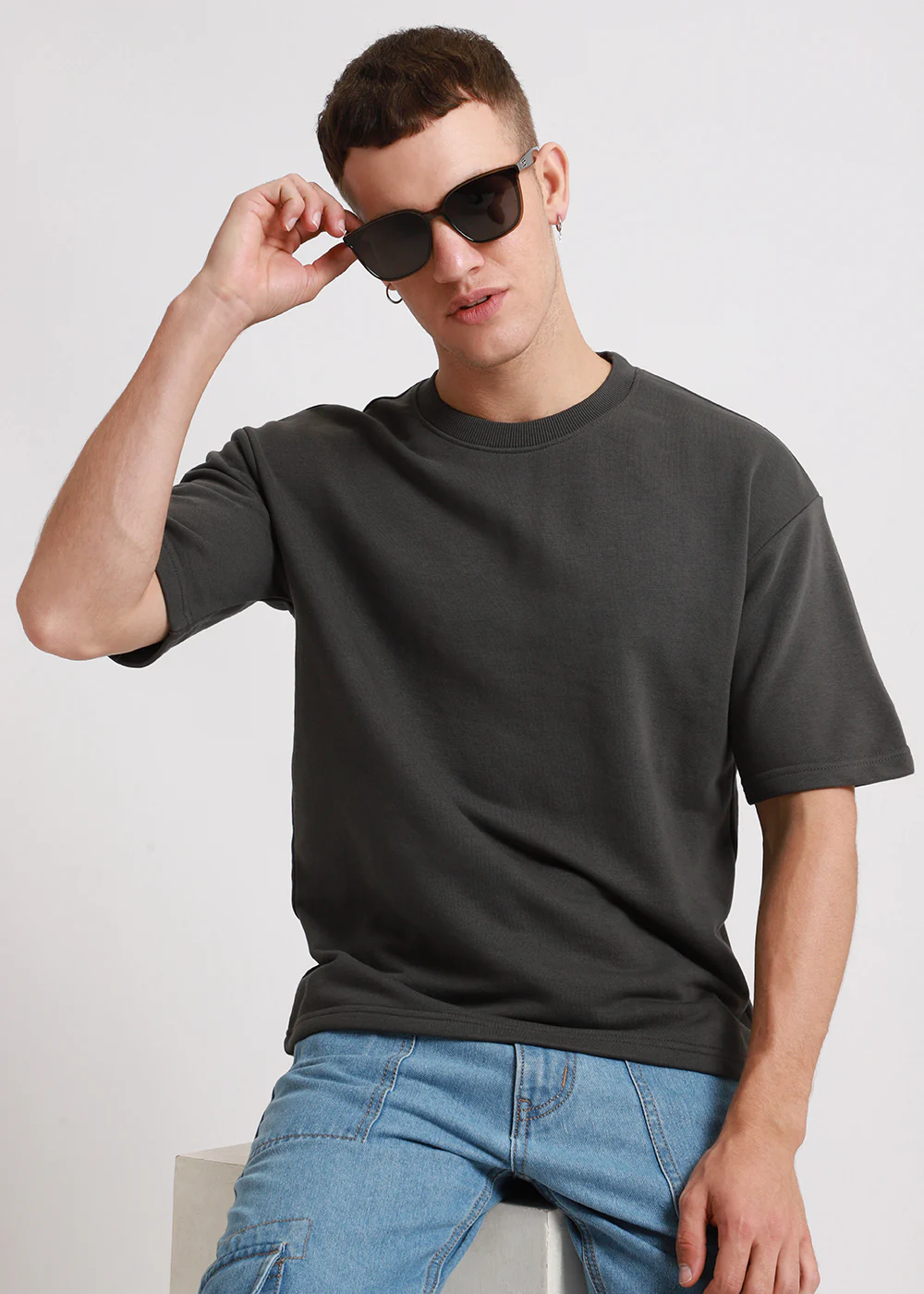 Shadow Gray Plain Oversized Basic T-shirt - Image 7