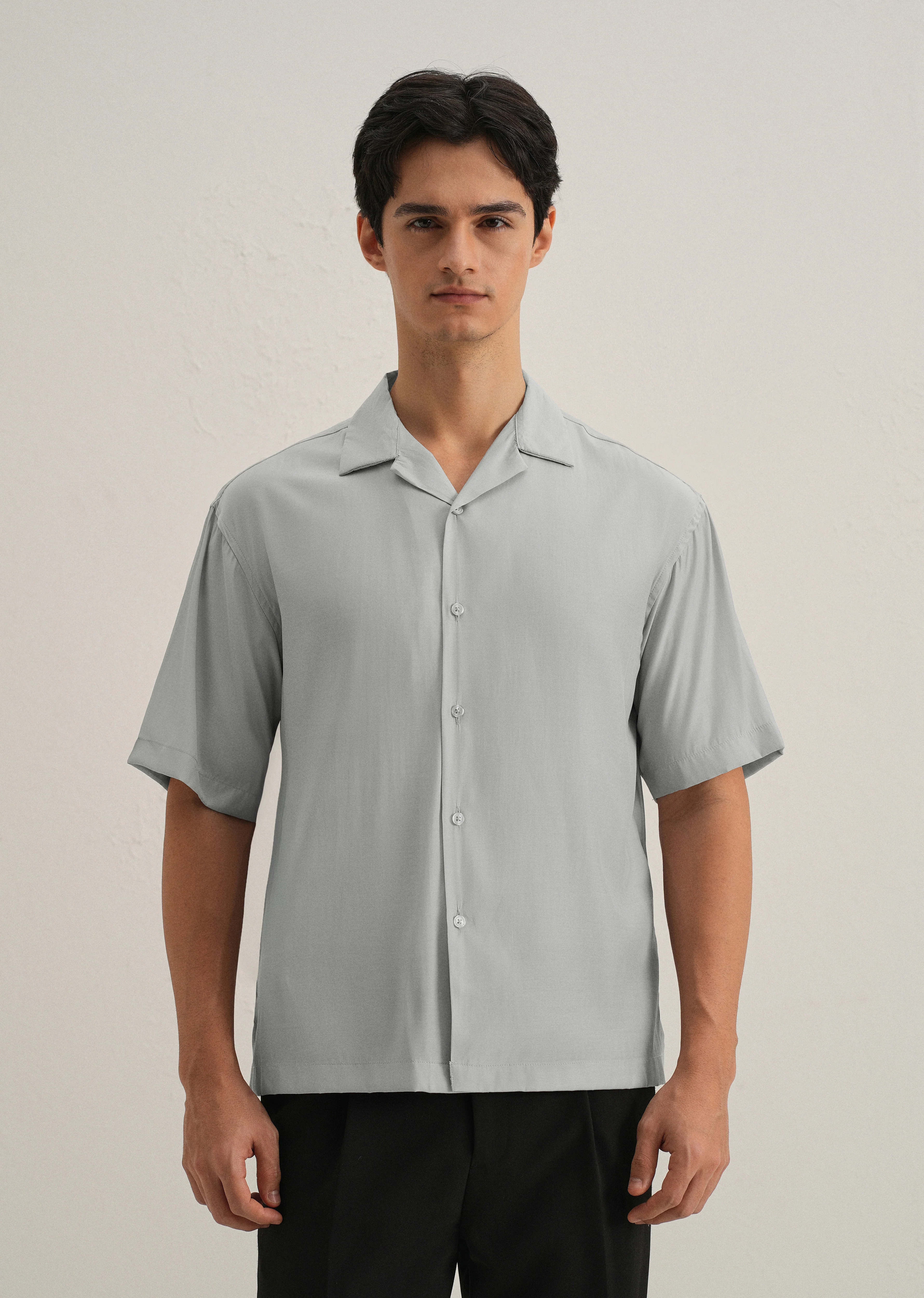 Shadow Grey Plain Sheen Cuban Collar Shirt - Image 3