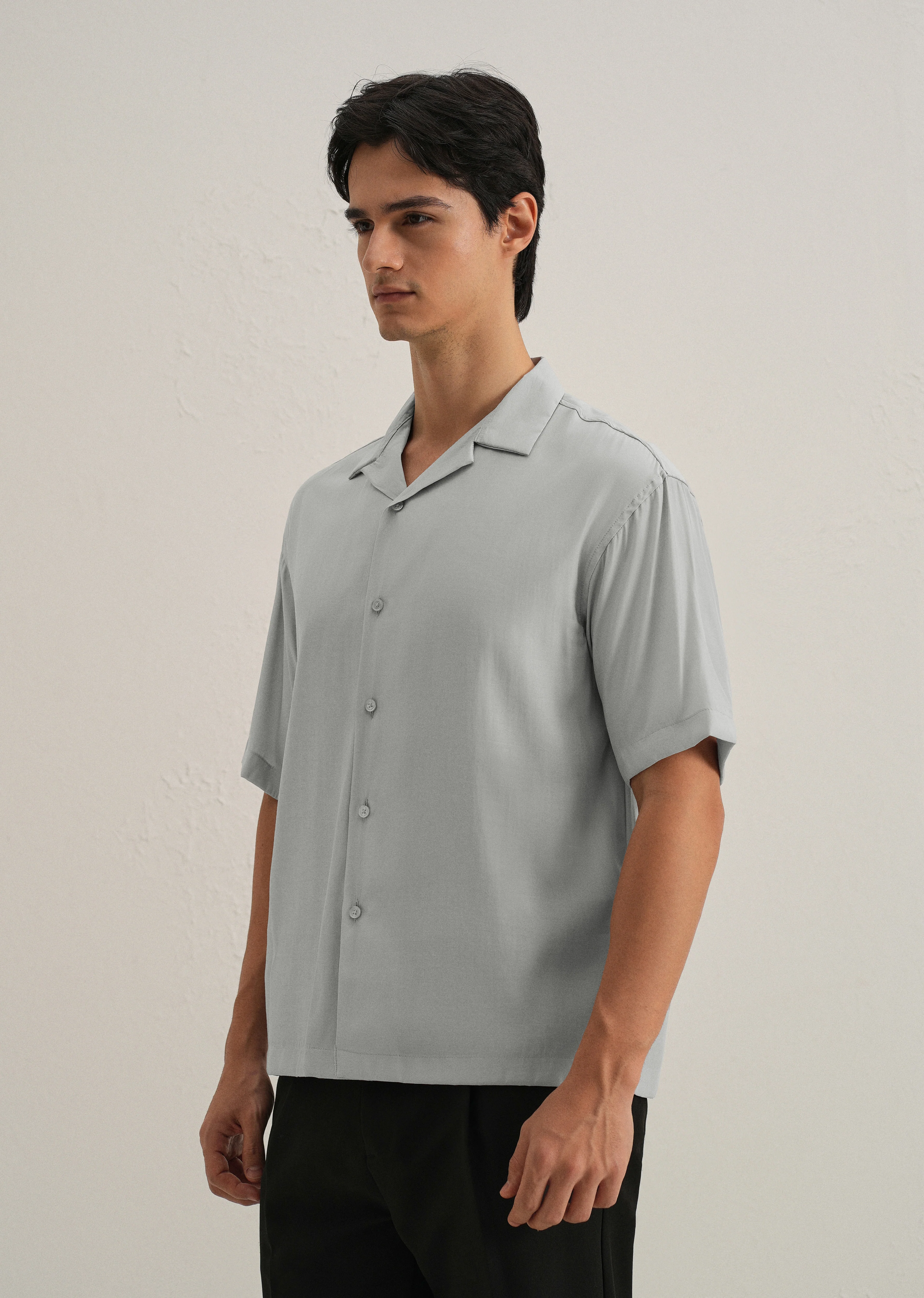 Shadow Grey Plain Sheen Cuban Collar Shirt - Image 4