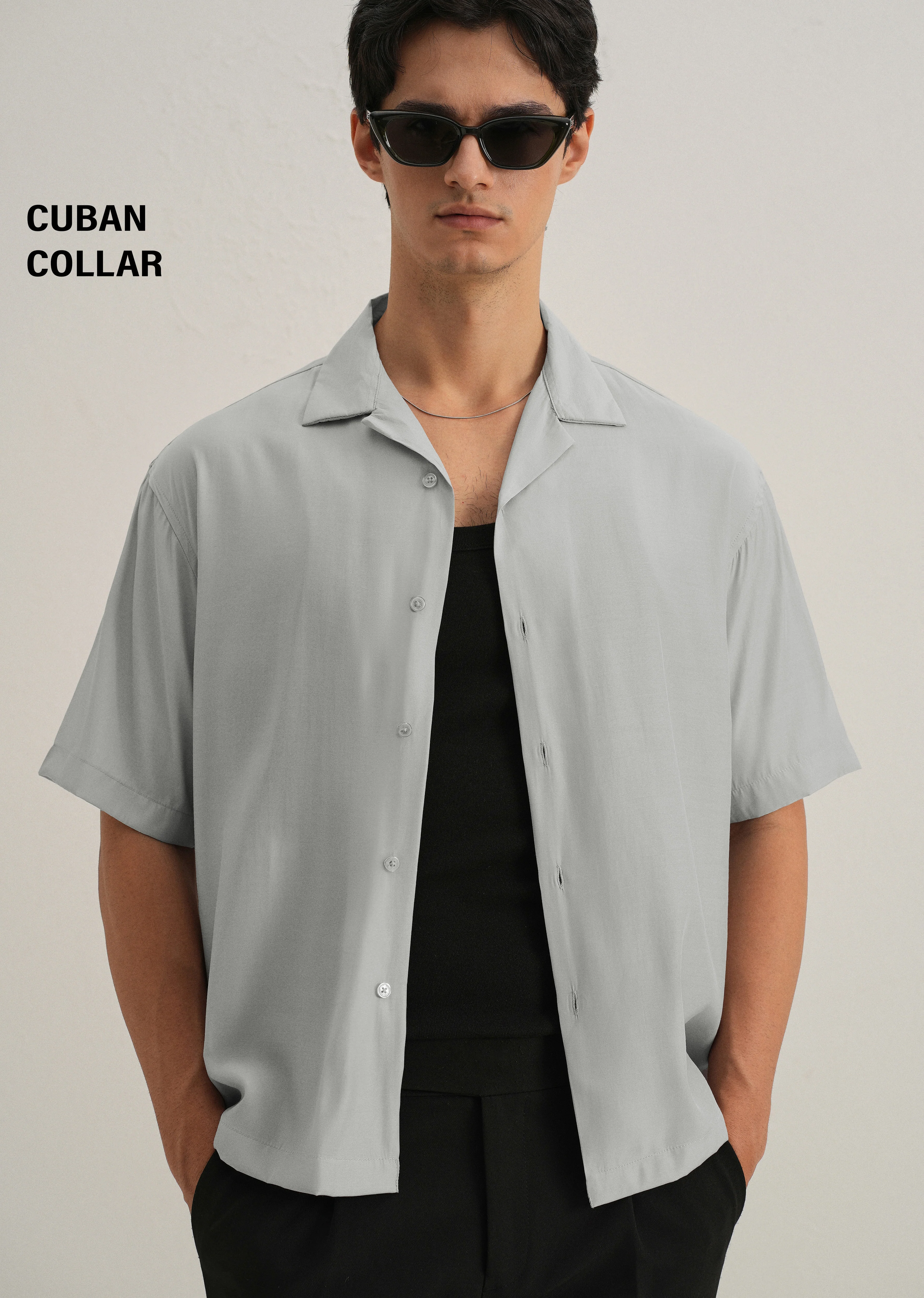 Shadow Grey Plain Sheen Cuban Collar Shirt - Image 7