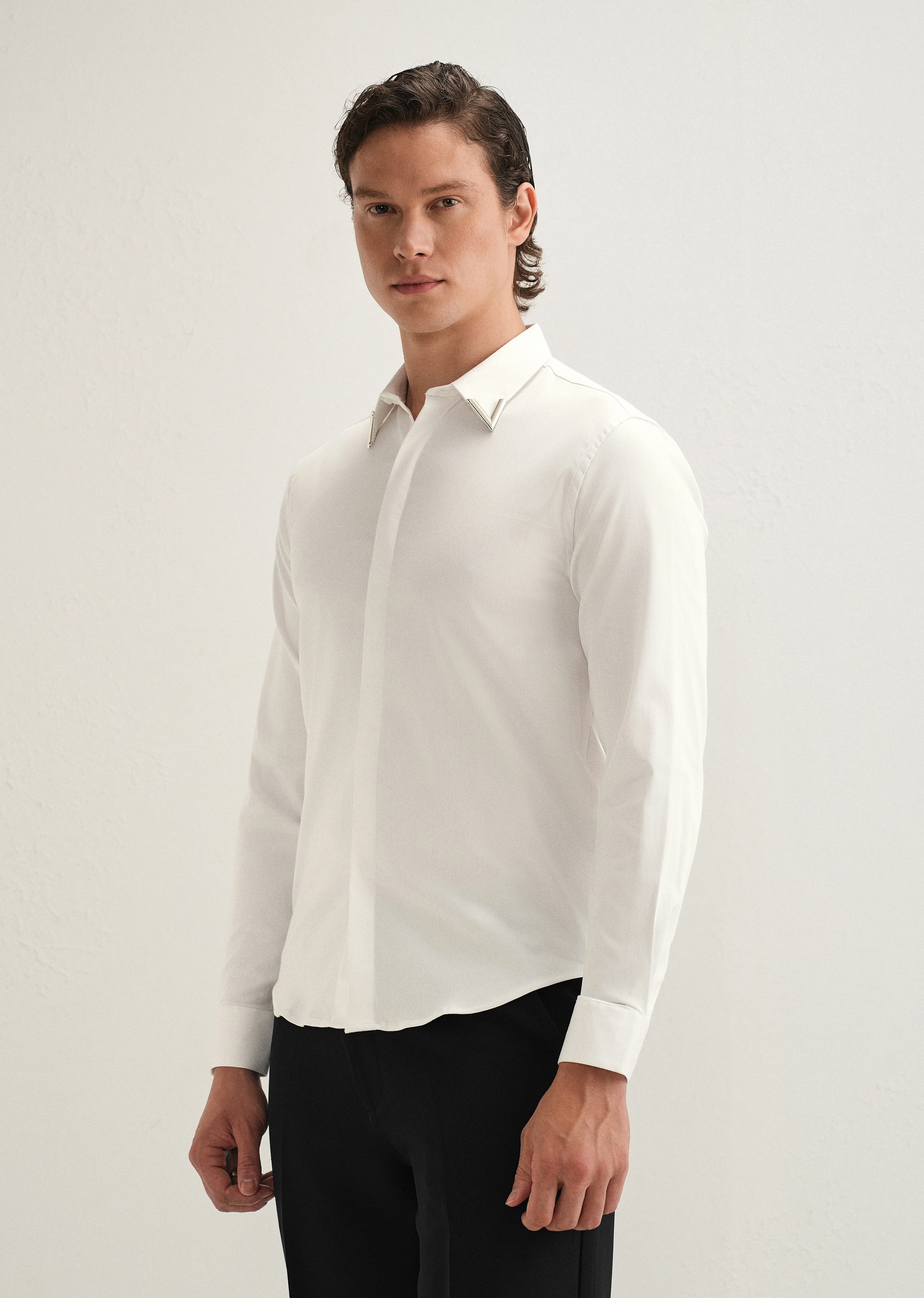 Silver-Tipped Collar White Designer Shirt - Image 5
