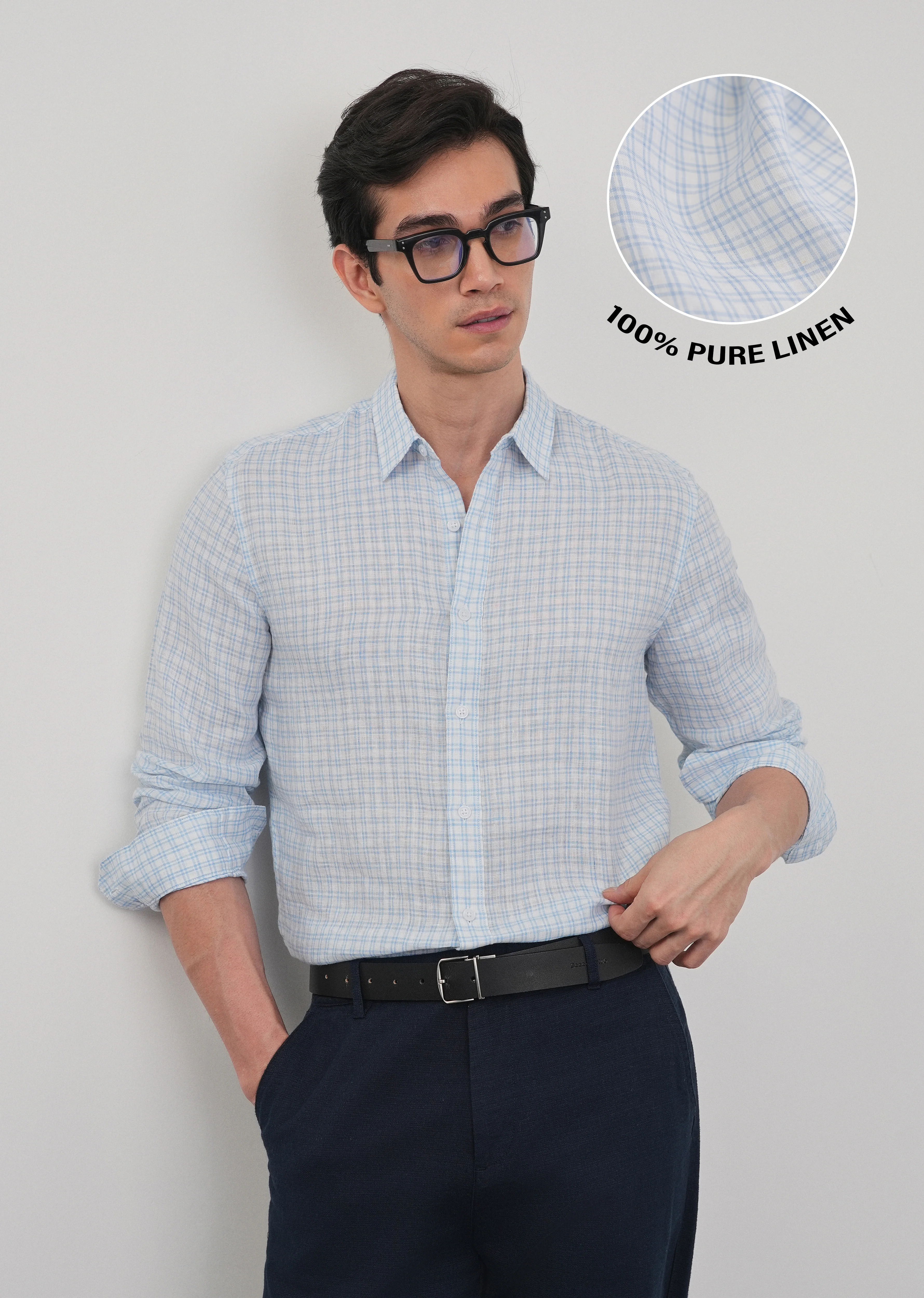 Sky Blue 100% Pure Linen Check Shirt - Image 11