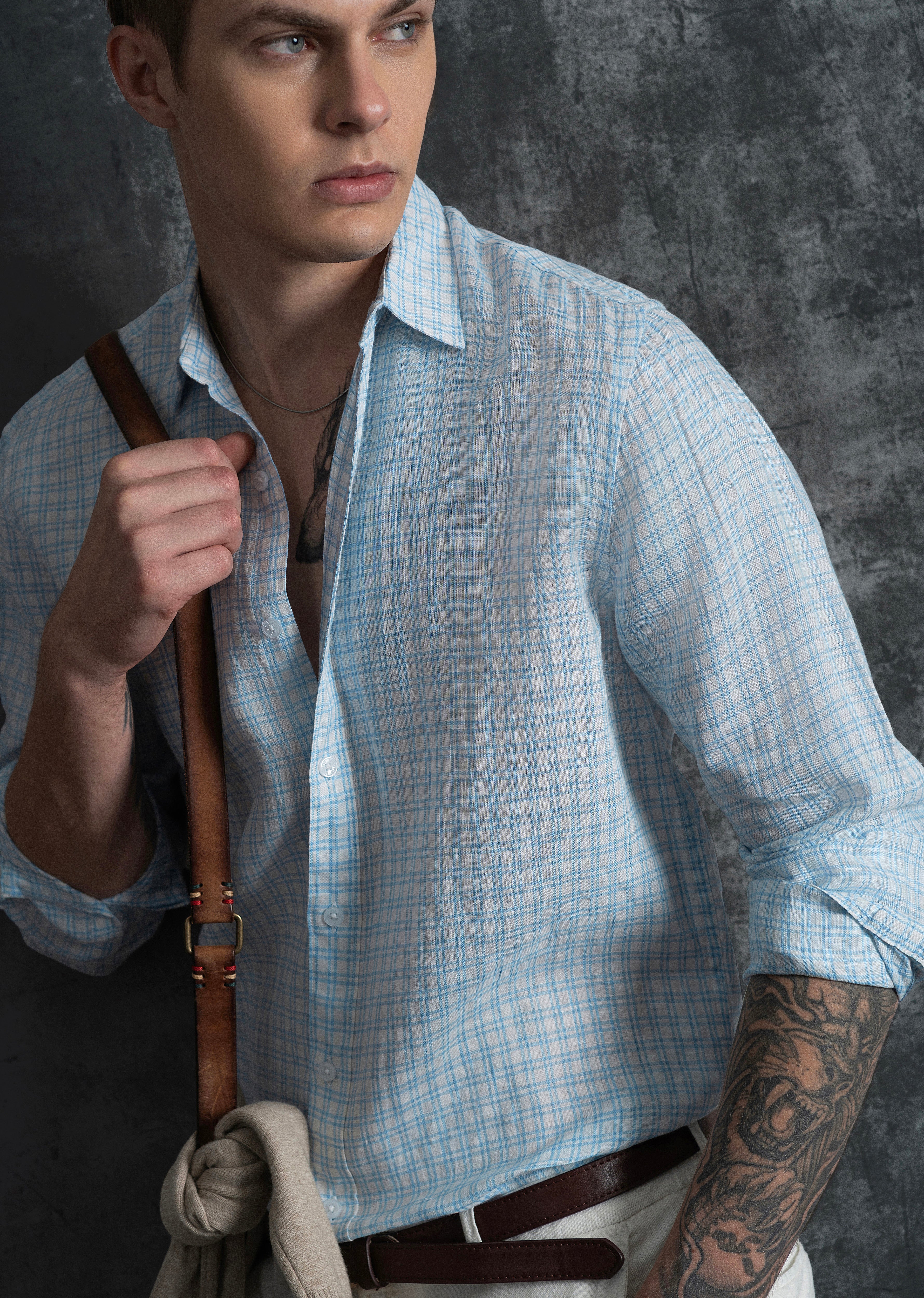 Sky Blue 100% Pure Linen Check Shirt - Image 4