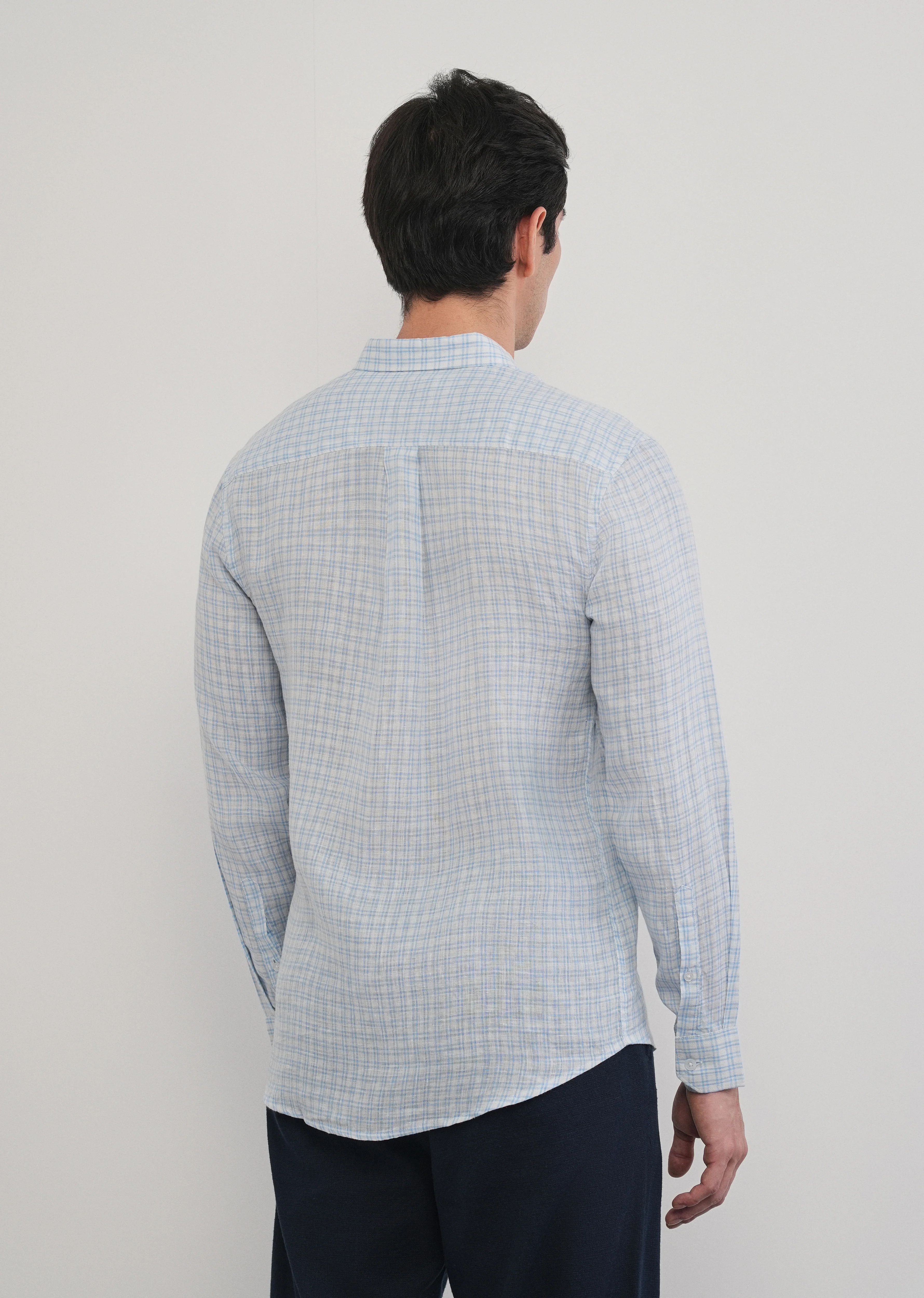 Sky Blue 100% Pure Linen Check Shirt - Image 5