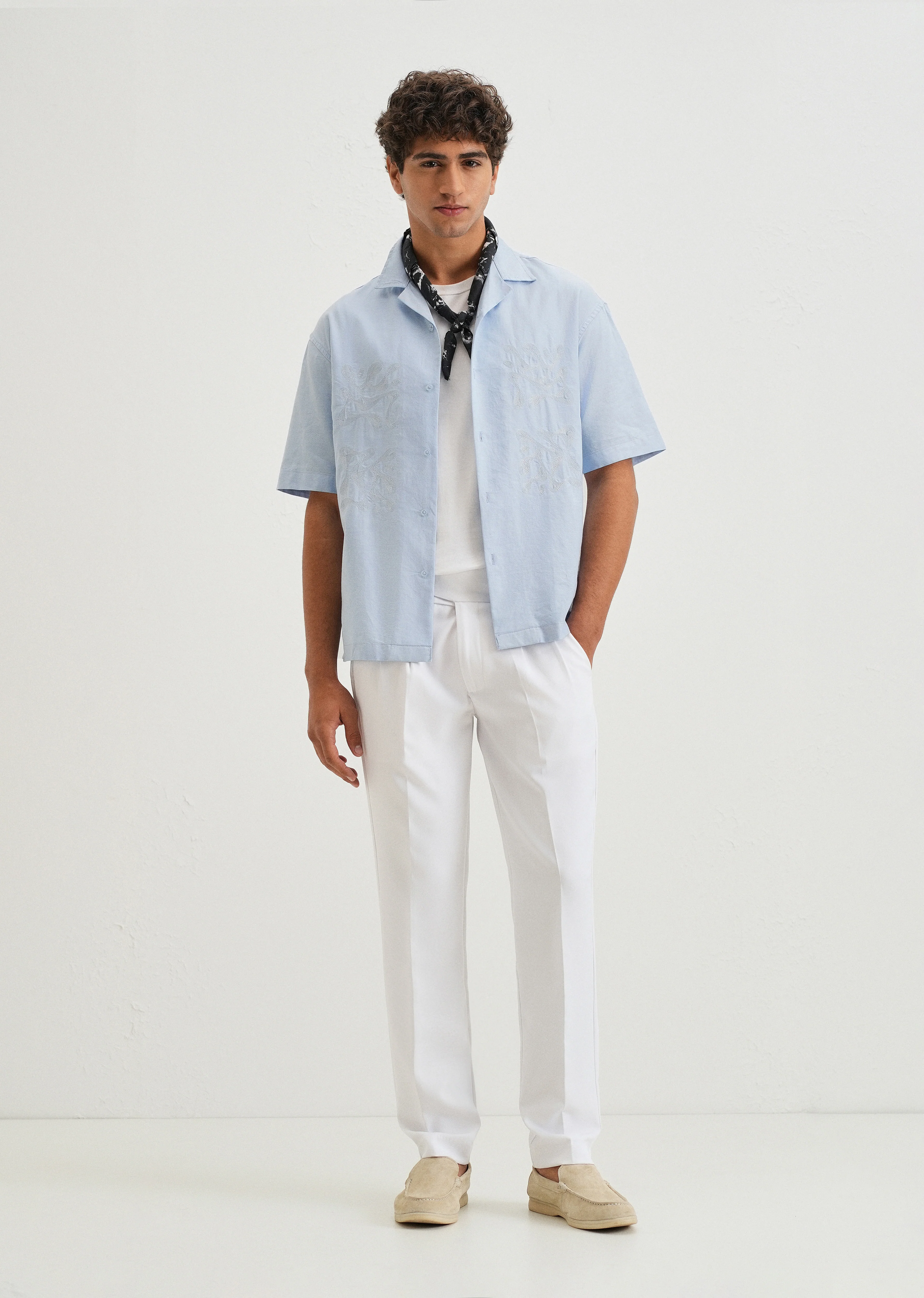 Sky Blue Embroidery Cuban Collar Cotton Shirt - Image 6