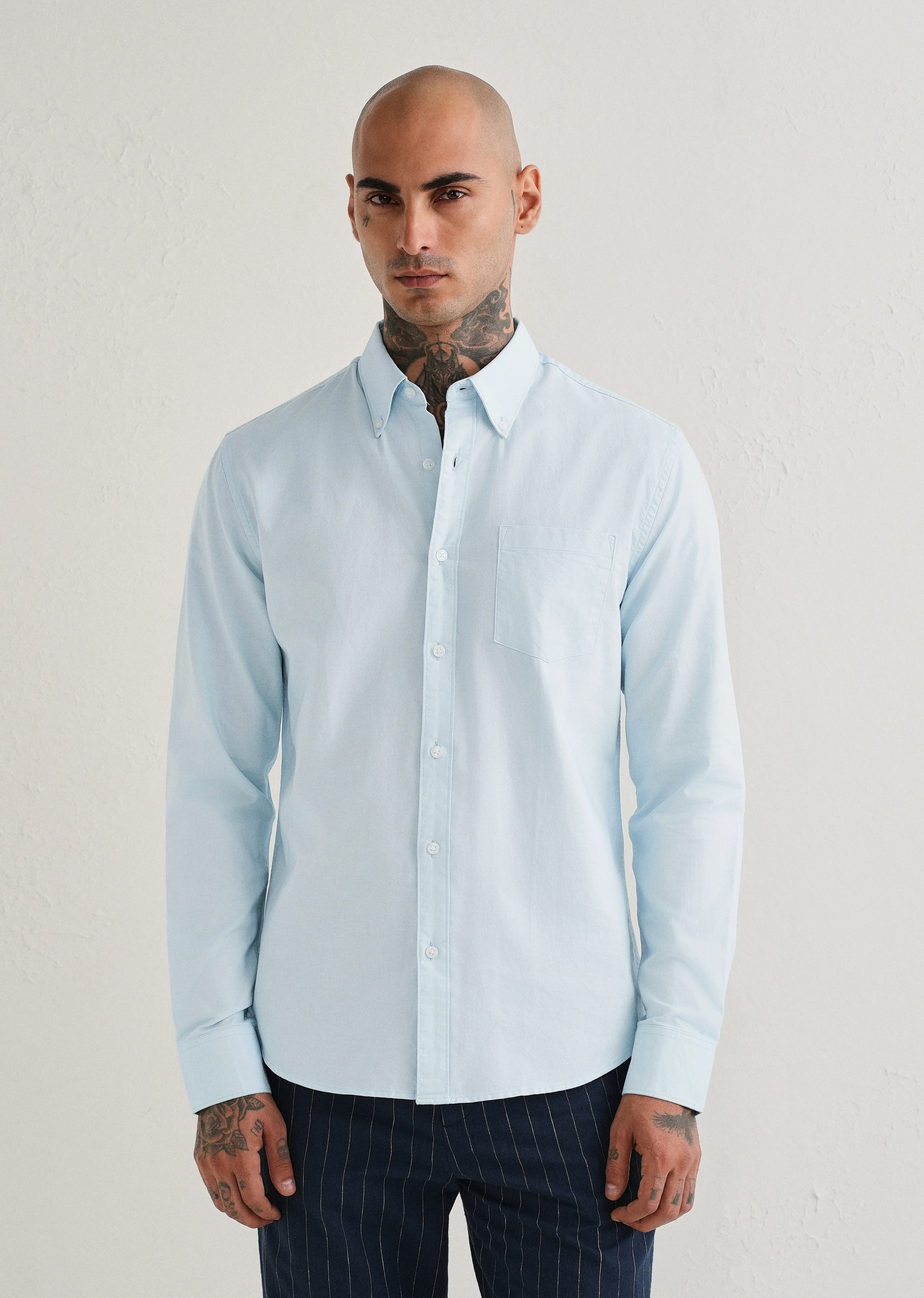 Sky Blue Plain Cotton Oxford Shirt - Image 3