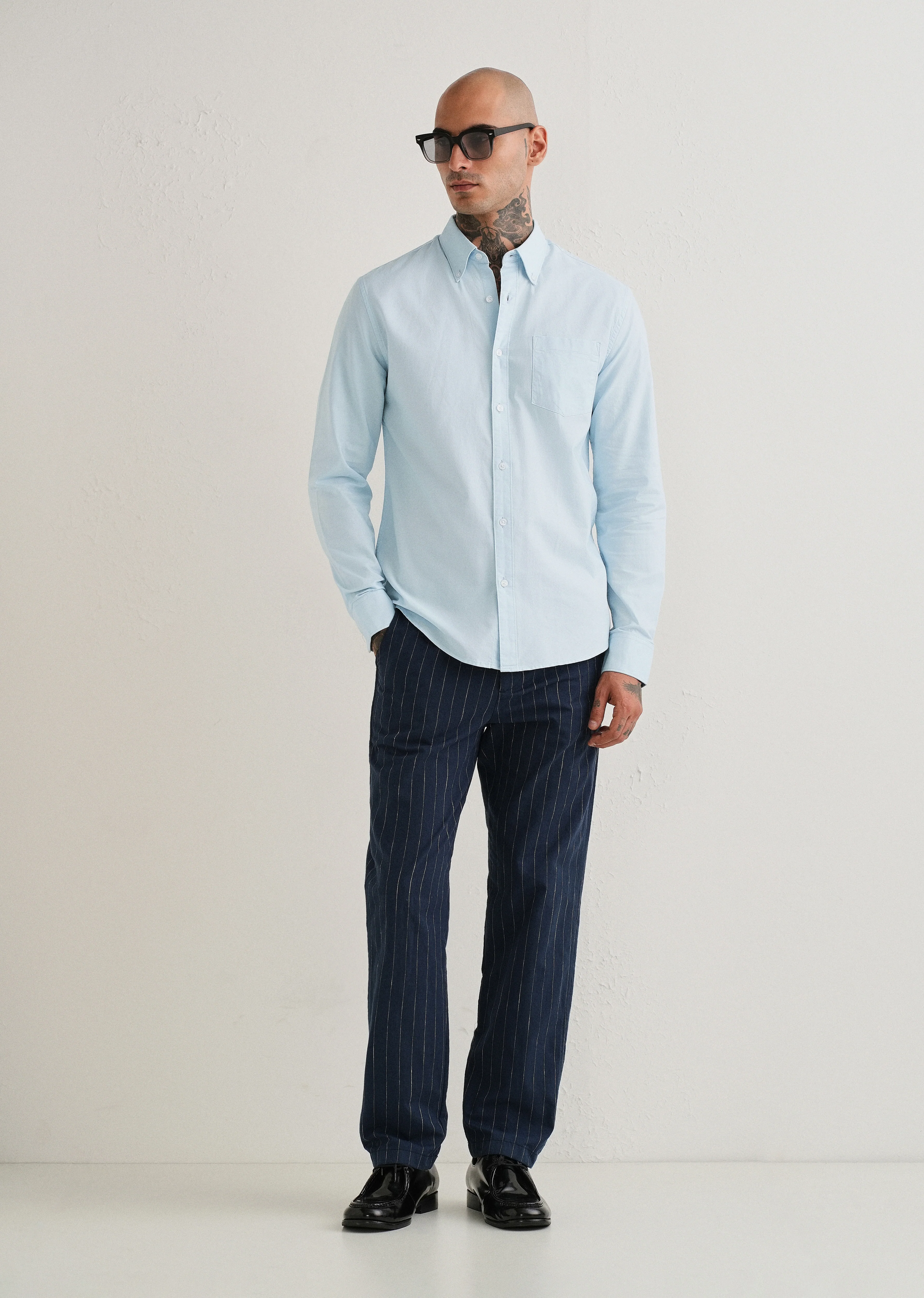Sky Blue Plain Cotton Oxford Shirt - Image 6