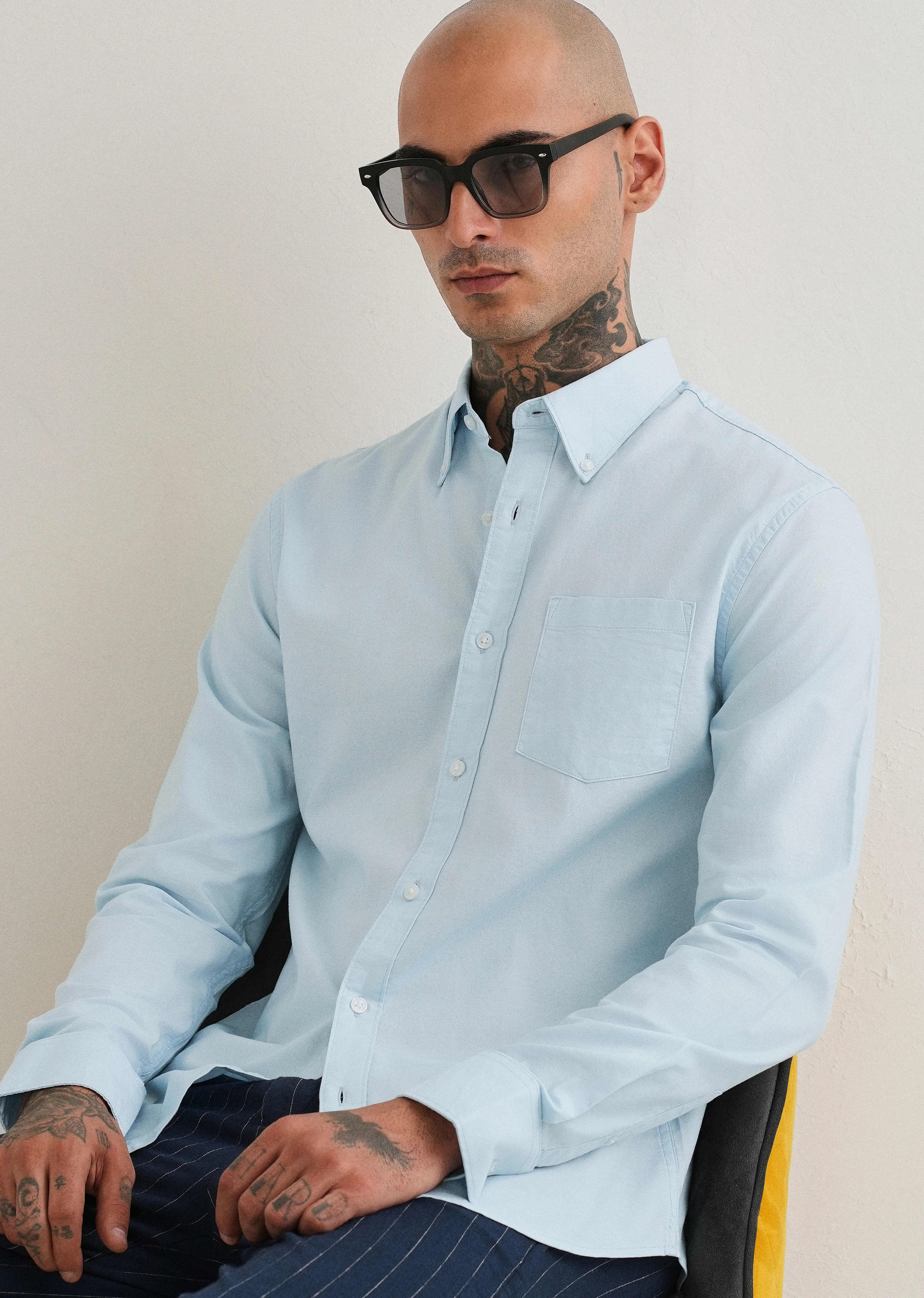 Sky Blue Plain Cotton Oxford Shirt - Image 7