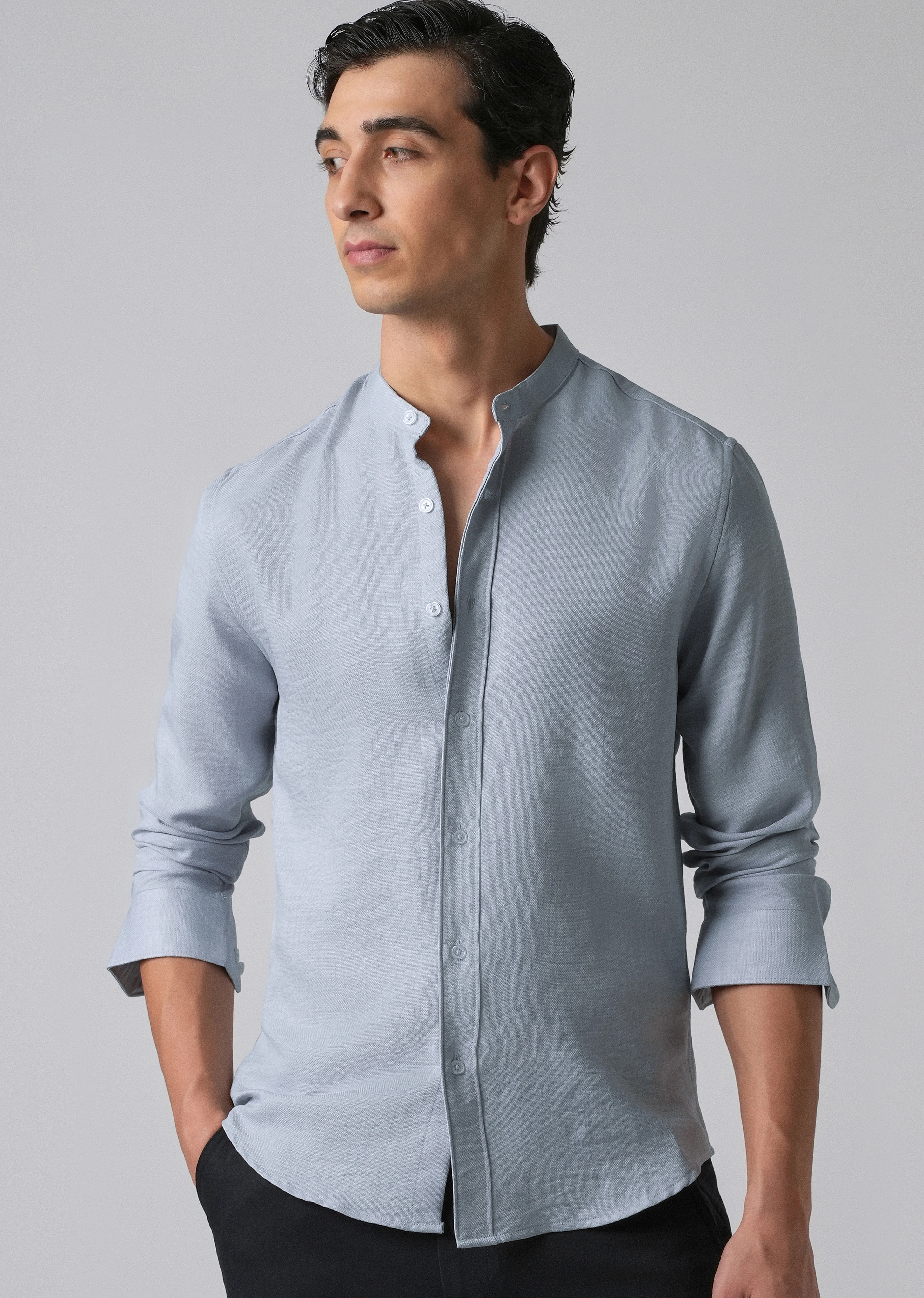 Sky Blue Plain Mandarin Collar Shirt - Image 7