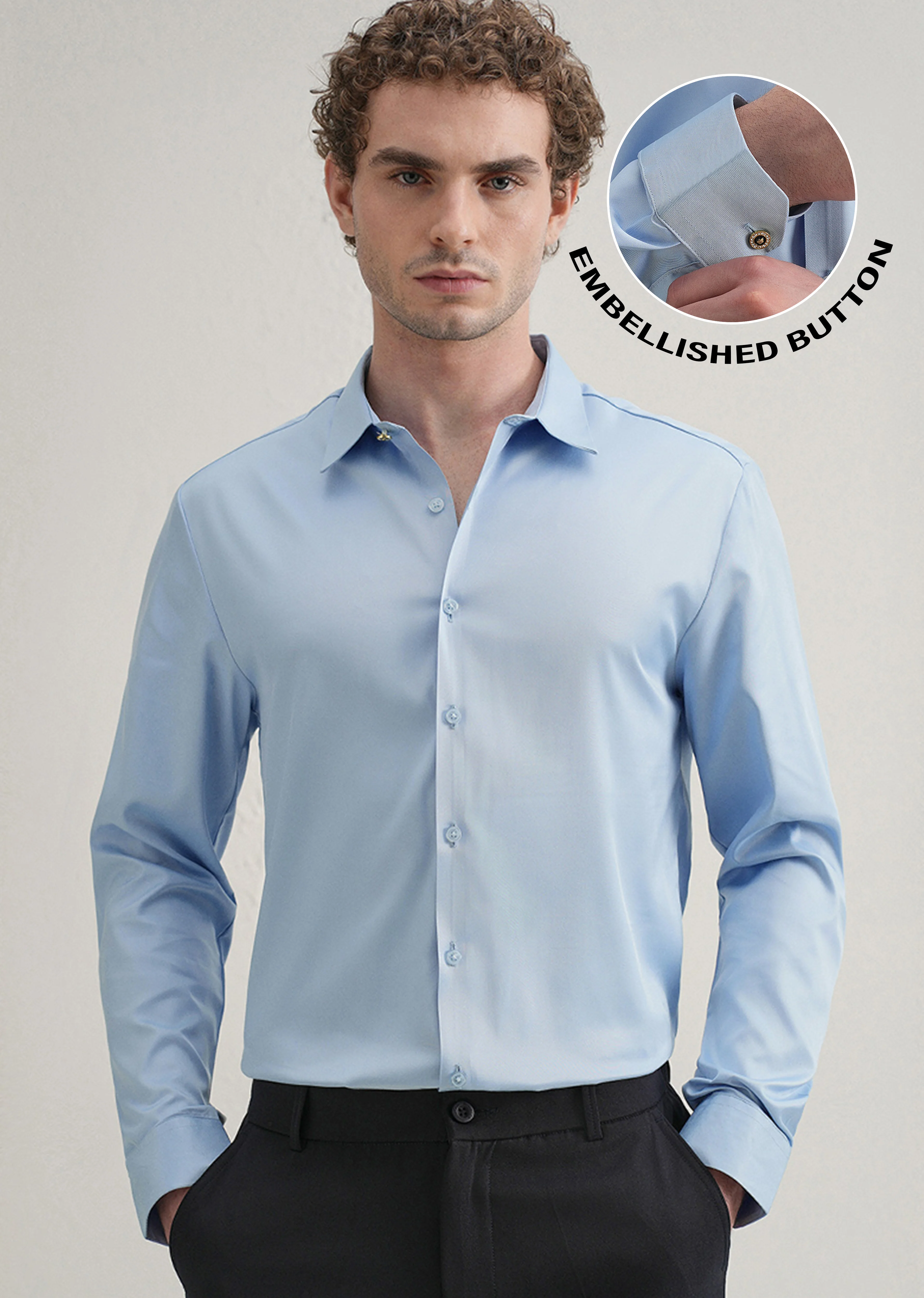 Sky Blue Plain Stitchless Placket Shirt - Image 7