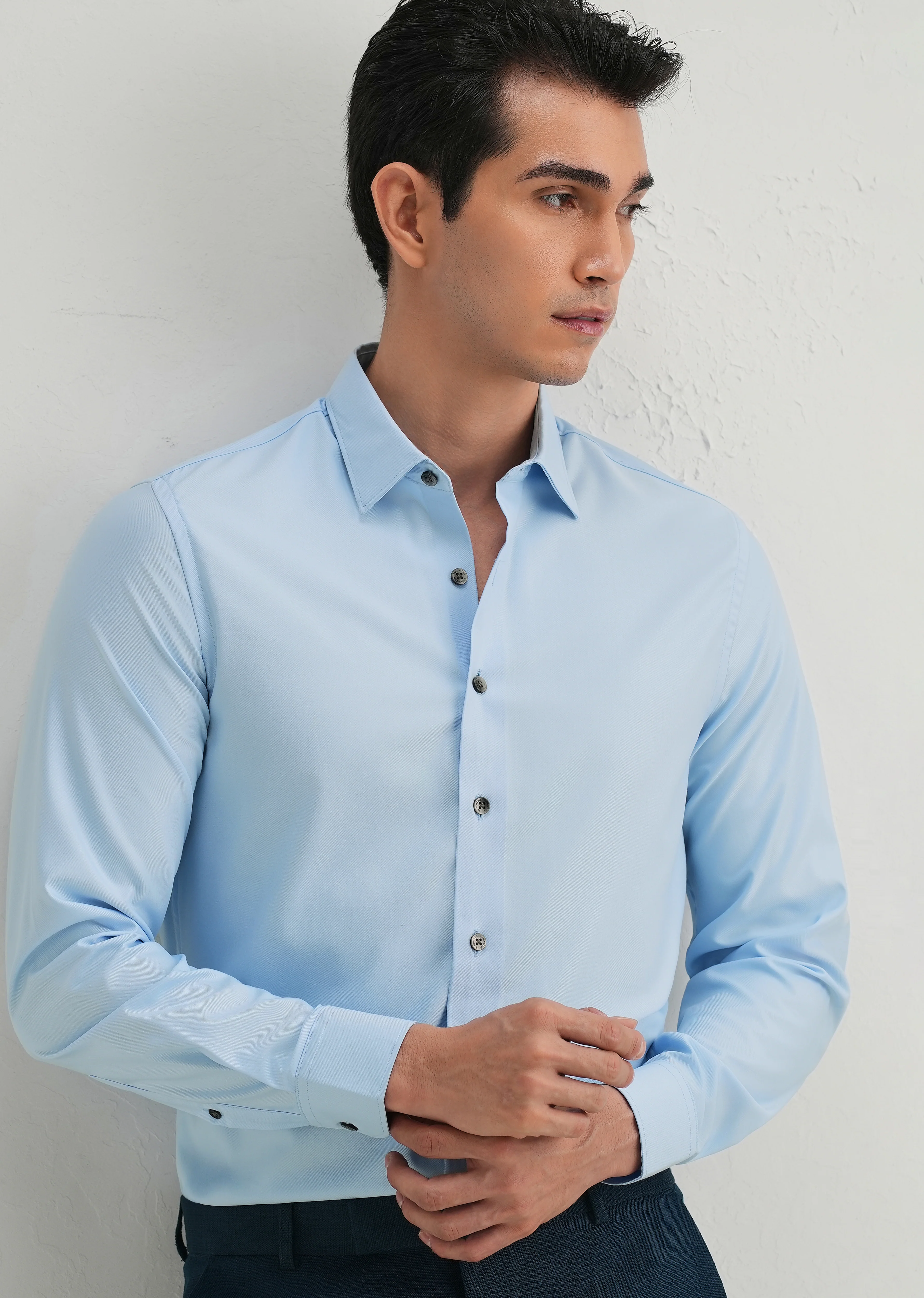 Sky Blue Stitchless Placket Premium Wrinkle-Free Shirt - Image 7