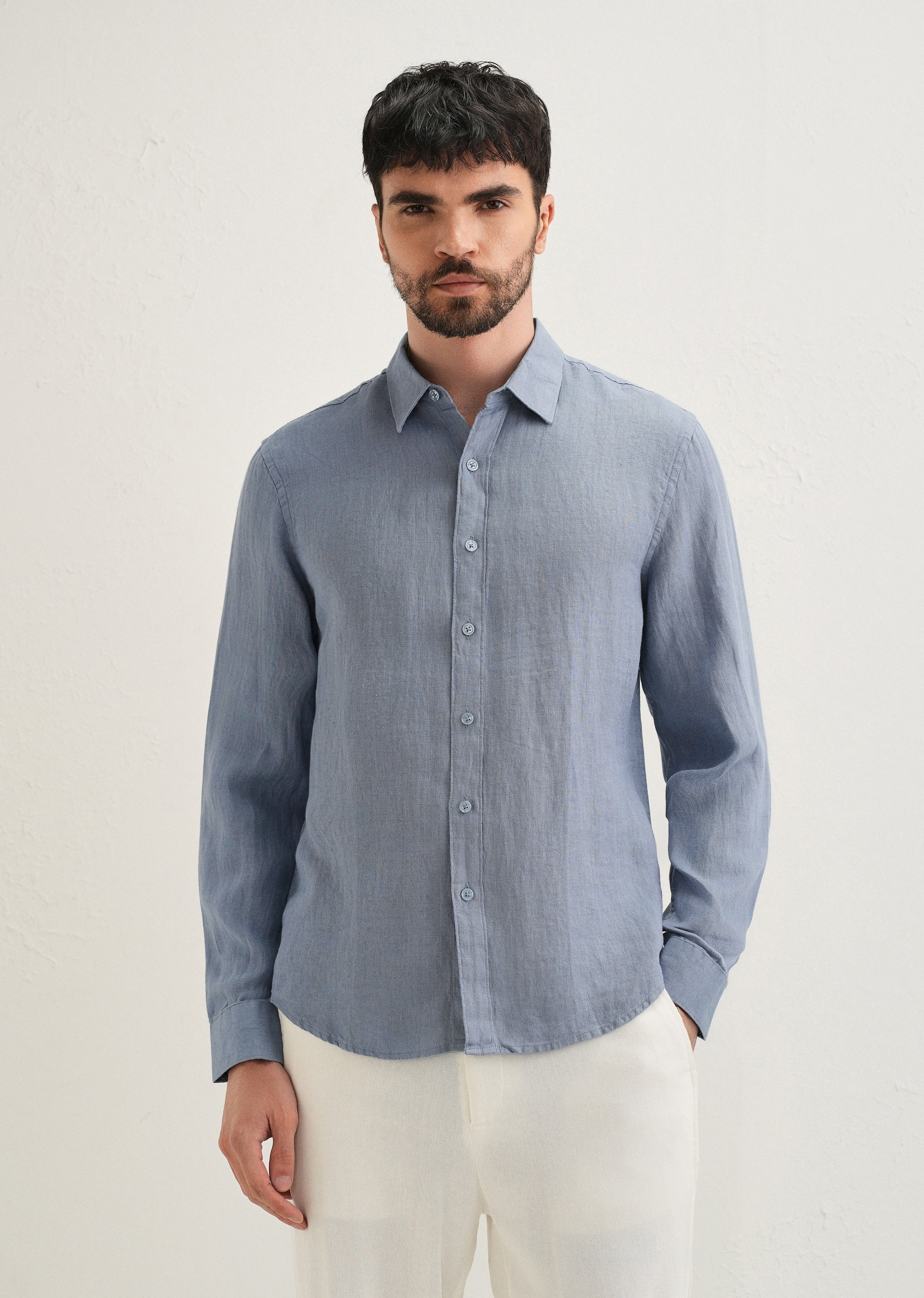 Slate Blue Pure Linen Shirt - Image 4