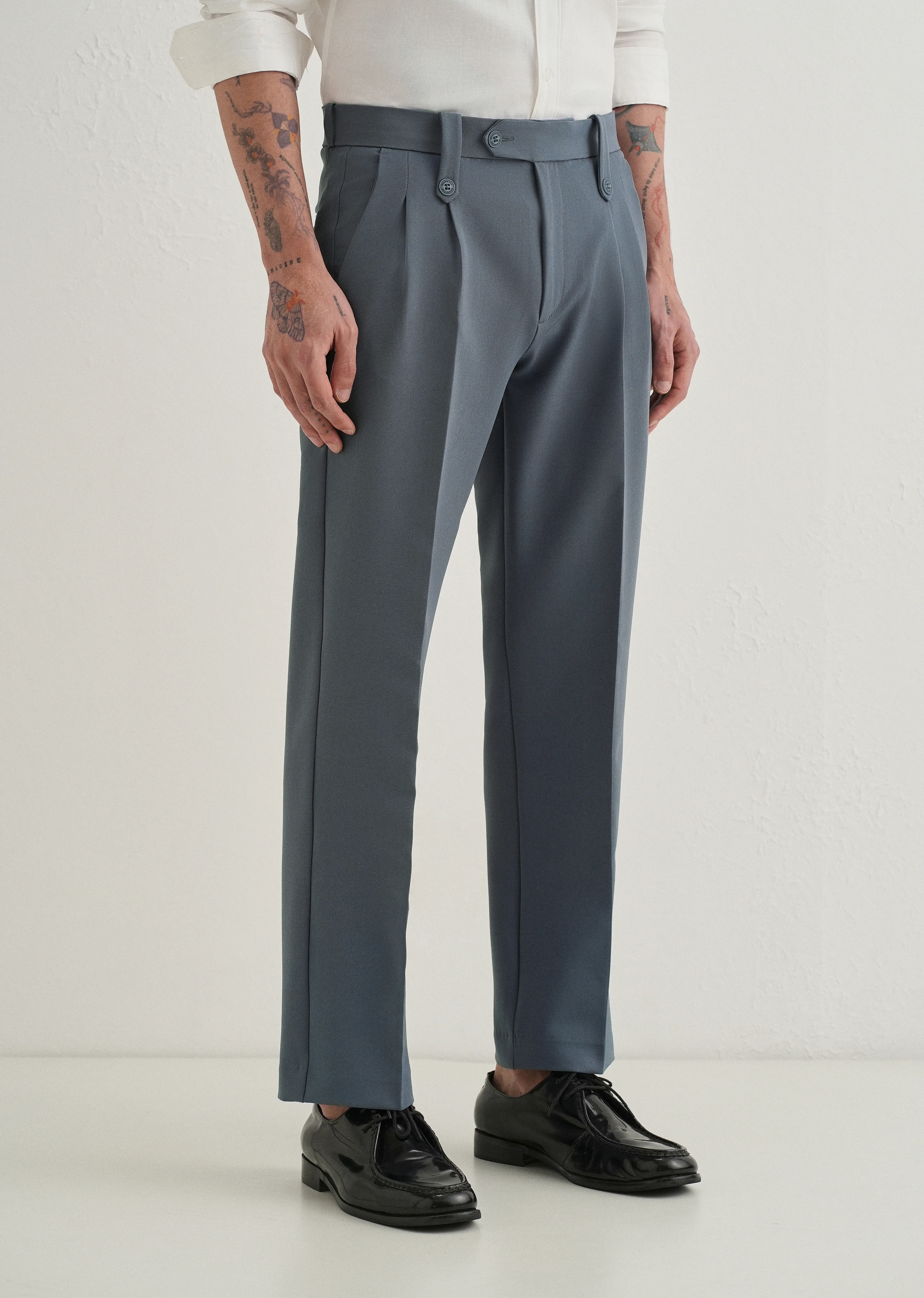 Slate Grey Button-Tab Pleat Trouser - Image 4