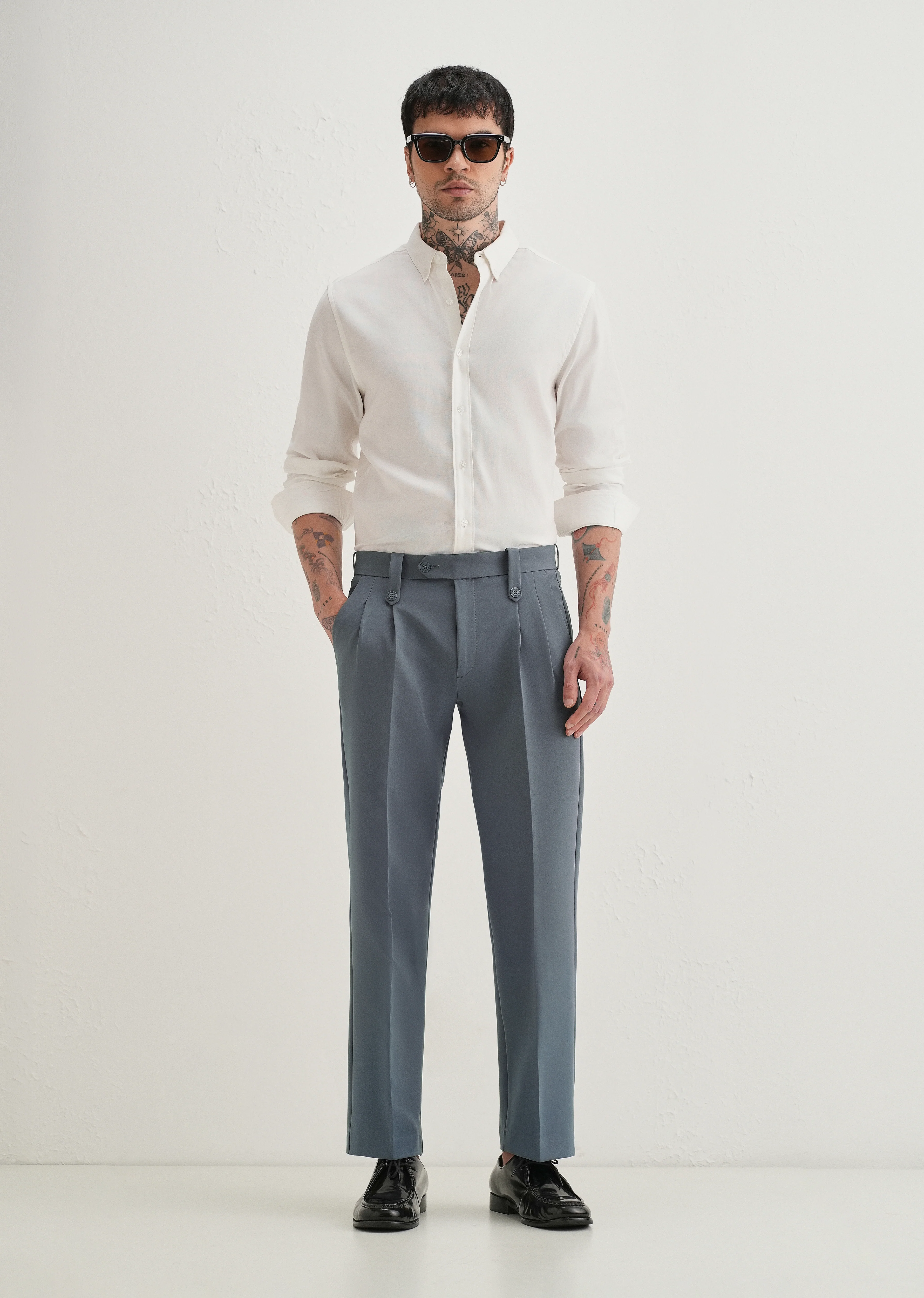 Slate Grey Button-Tab Pleat Trouser - Image 6