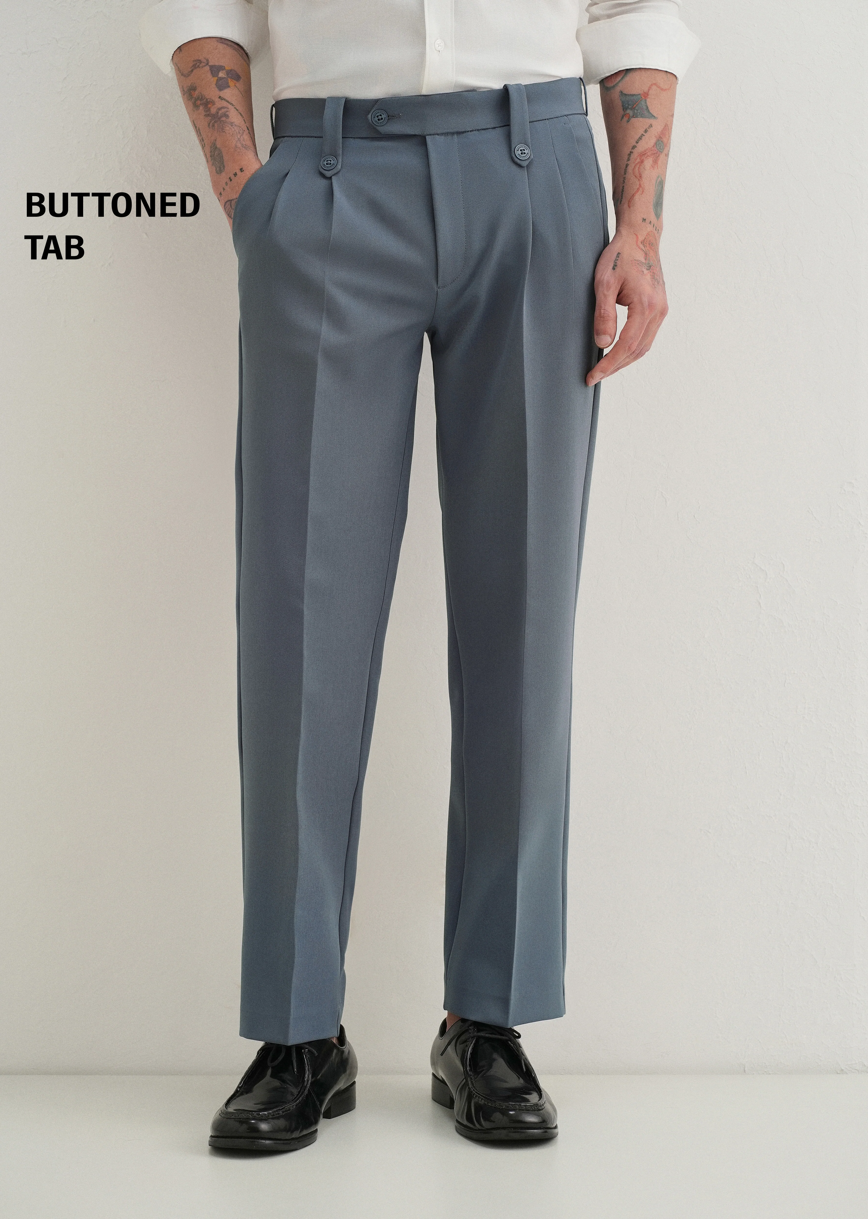 Slate Grey Button-Tab Pleat Trouser - Image 7