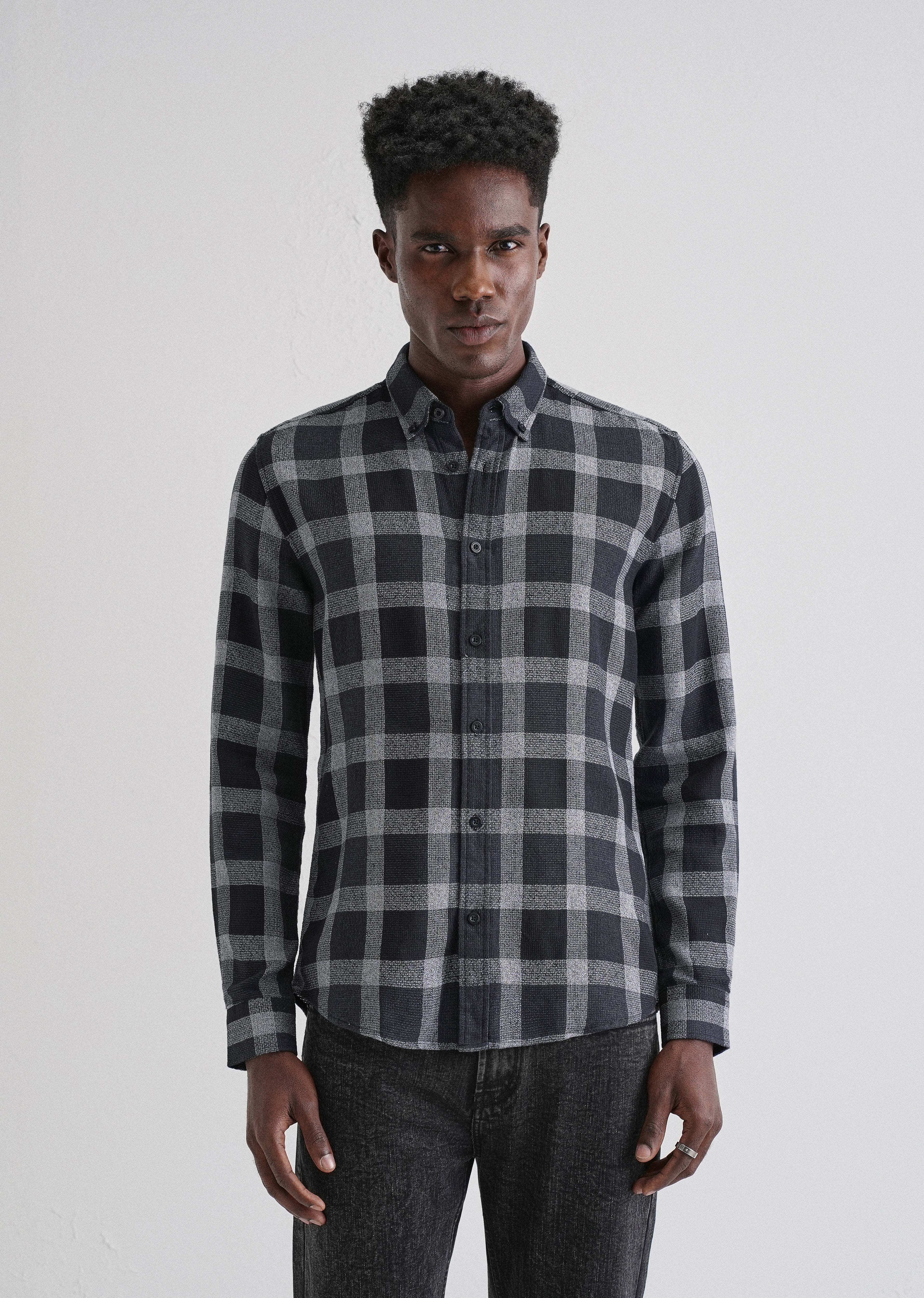 Melange Square Grid Black Check Shirt - Image 3
