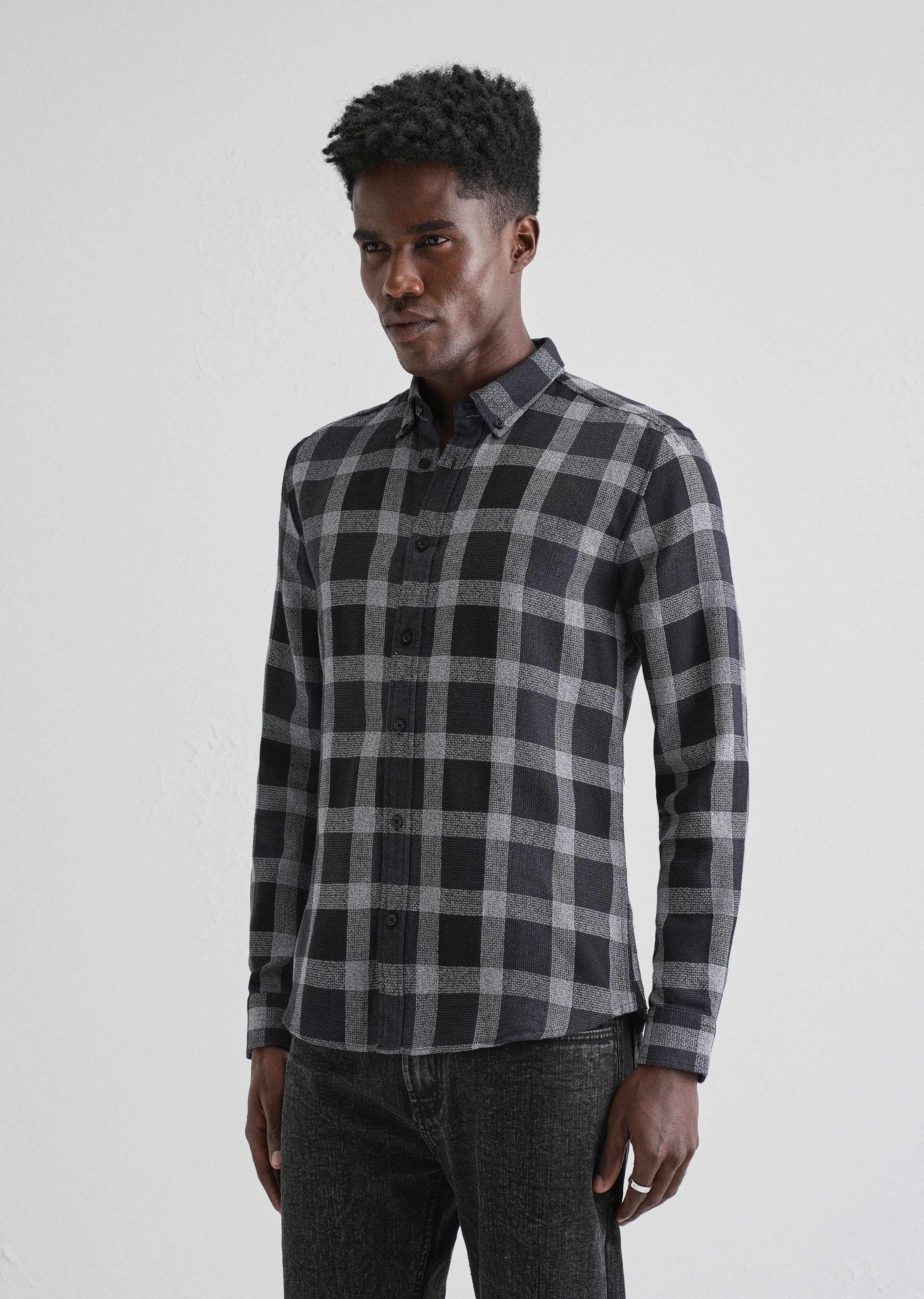 Melange Square Grid Black Check Shirt - Image 4