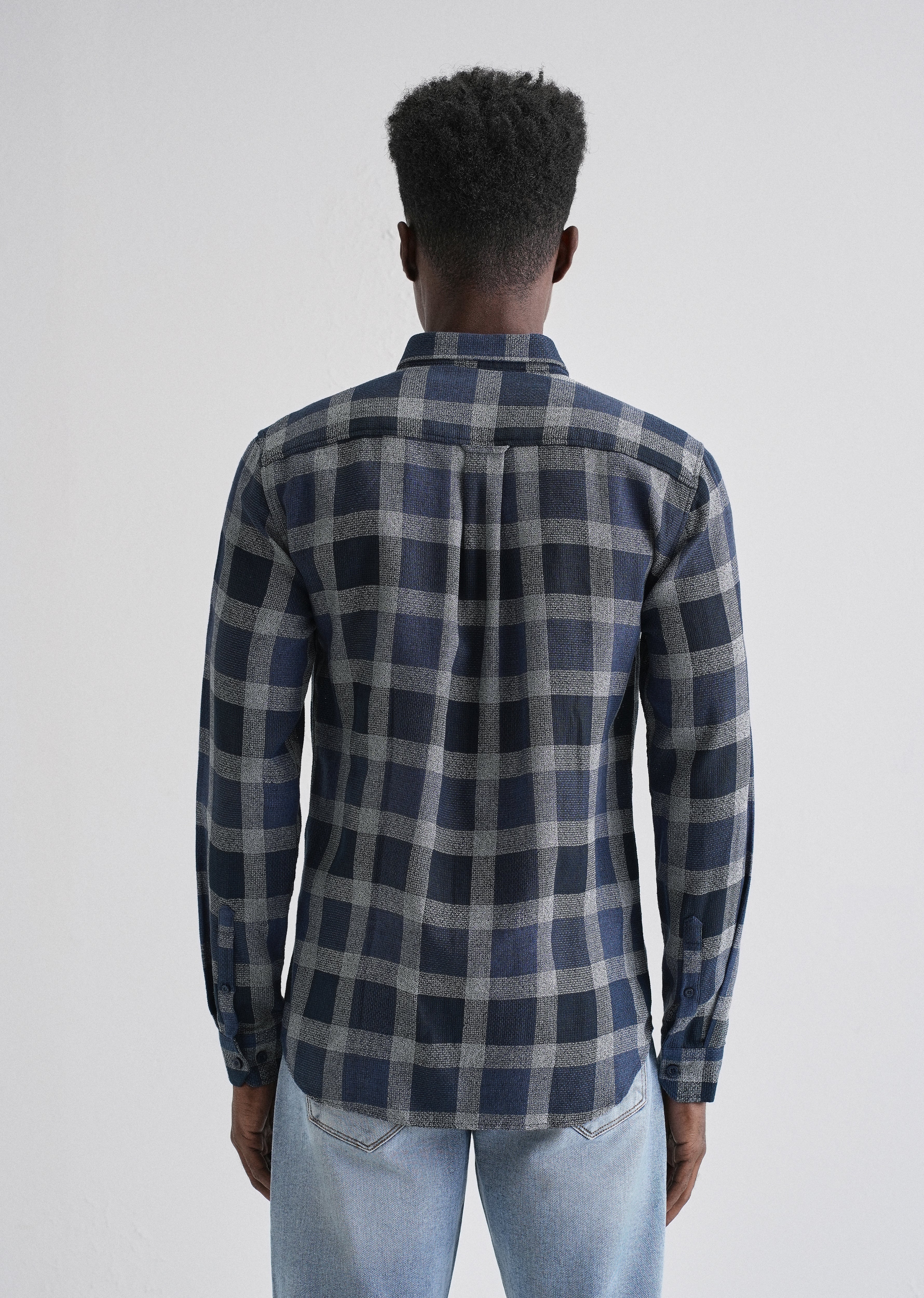 Melange Square Grid Blue Check Shirt - Image 2