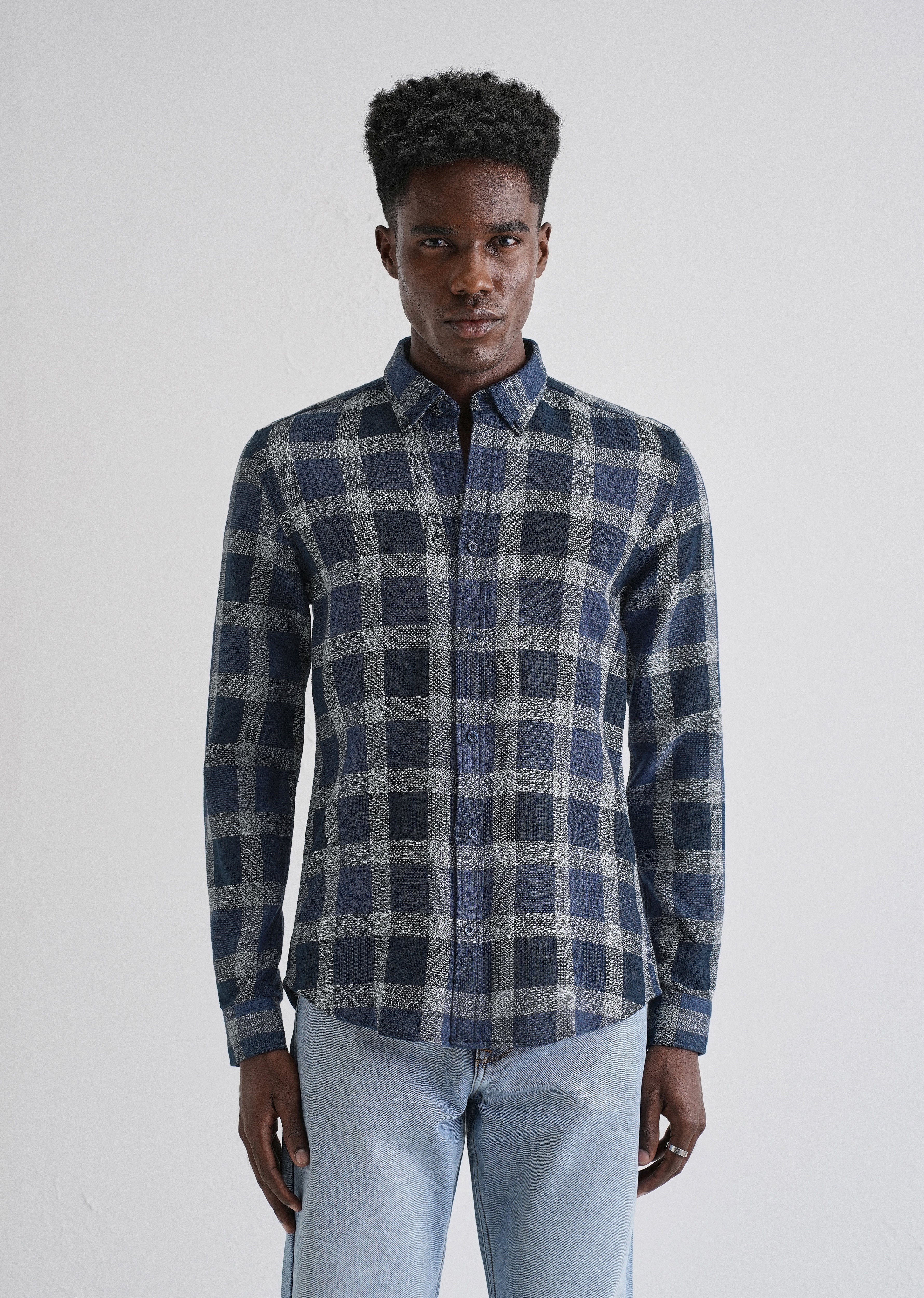 Melange Square Grid Blue Check Shirt - Image 3