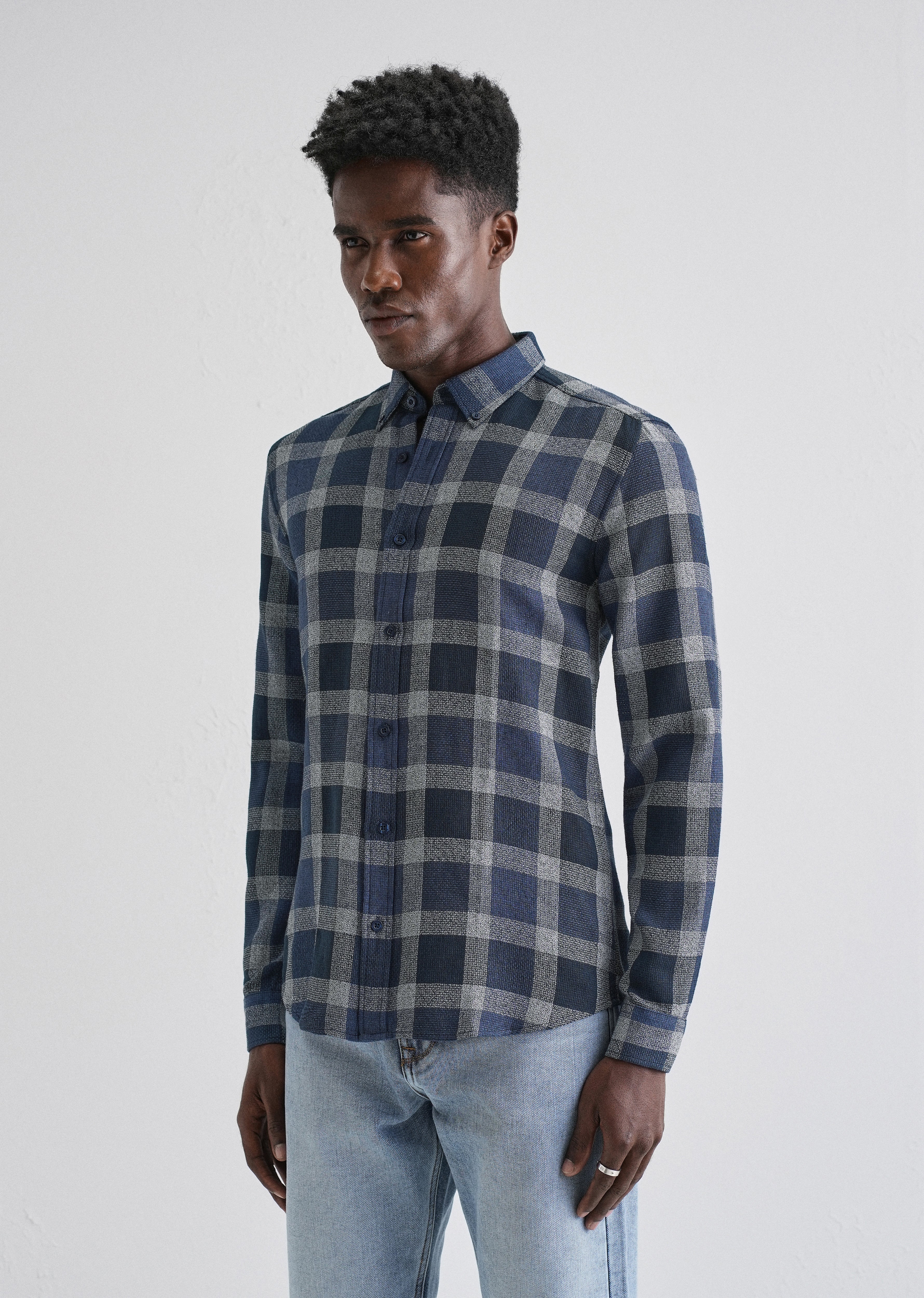Melange Square Grid Blue Check Shirt - Image 4