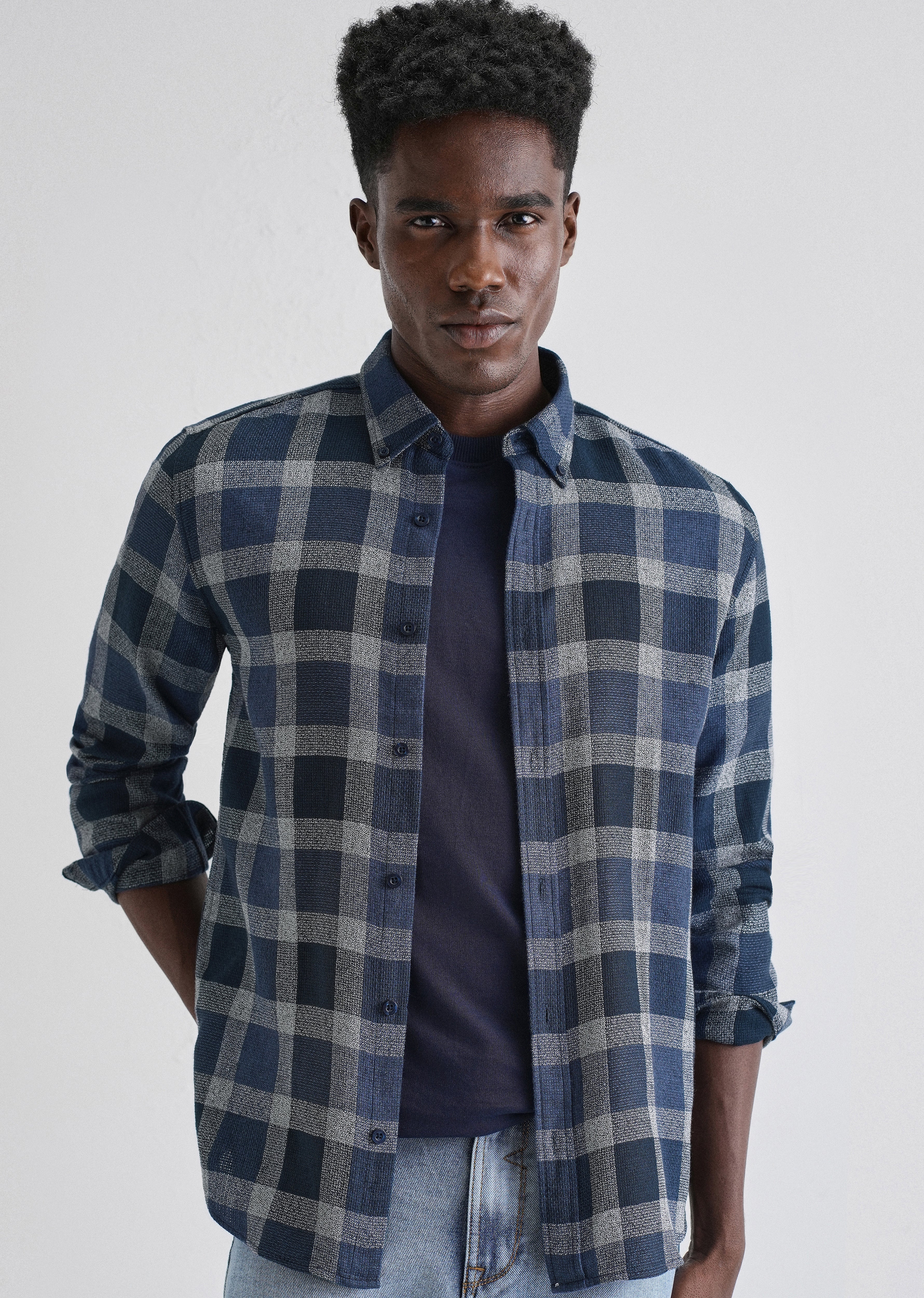 Melange Square Grid Blue Check Shirt - Image 7