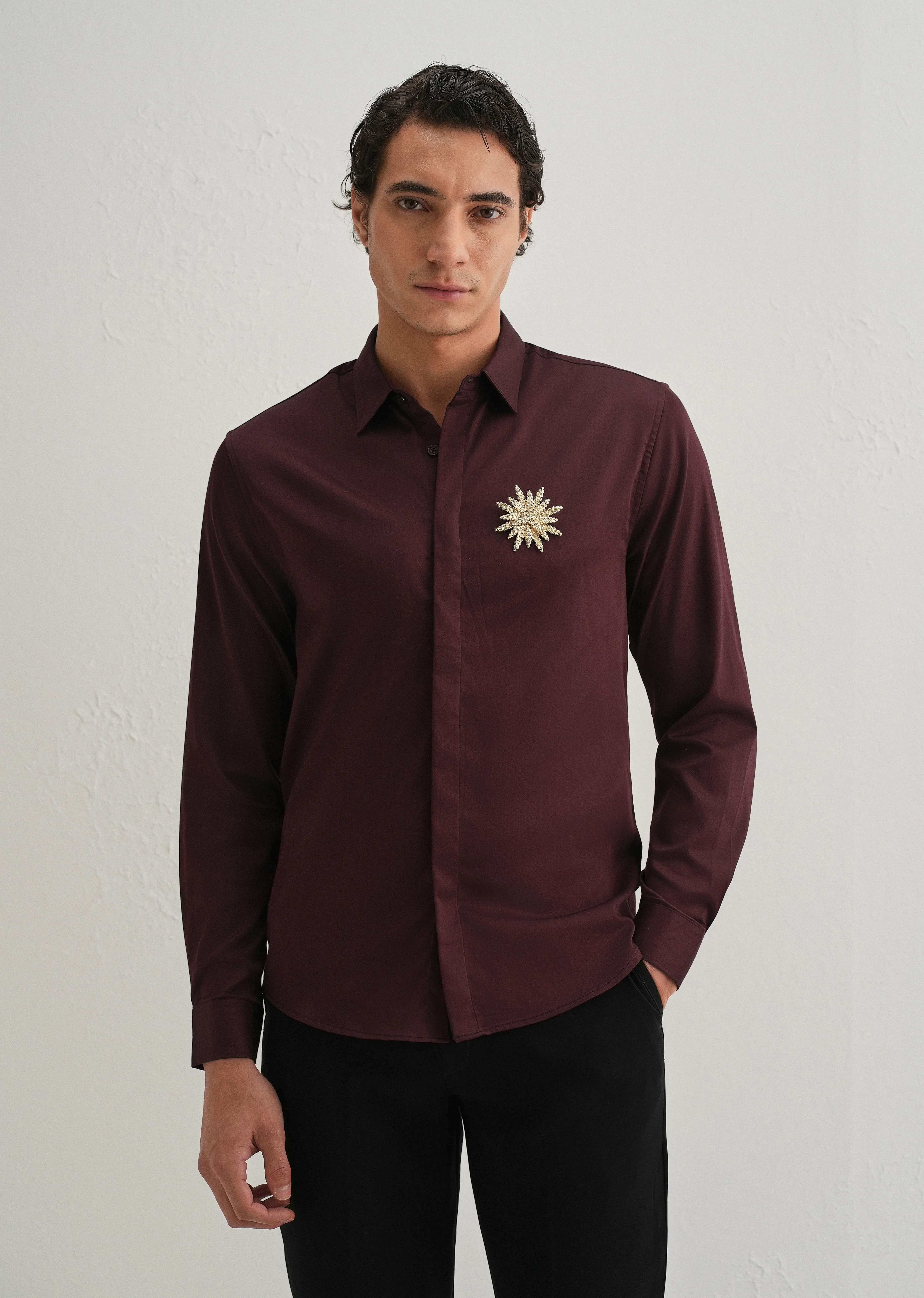 Star Floral Brooch Wine Designer Shirt - Image 3