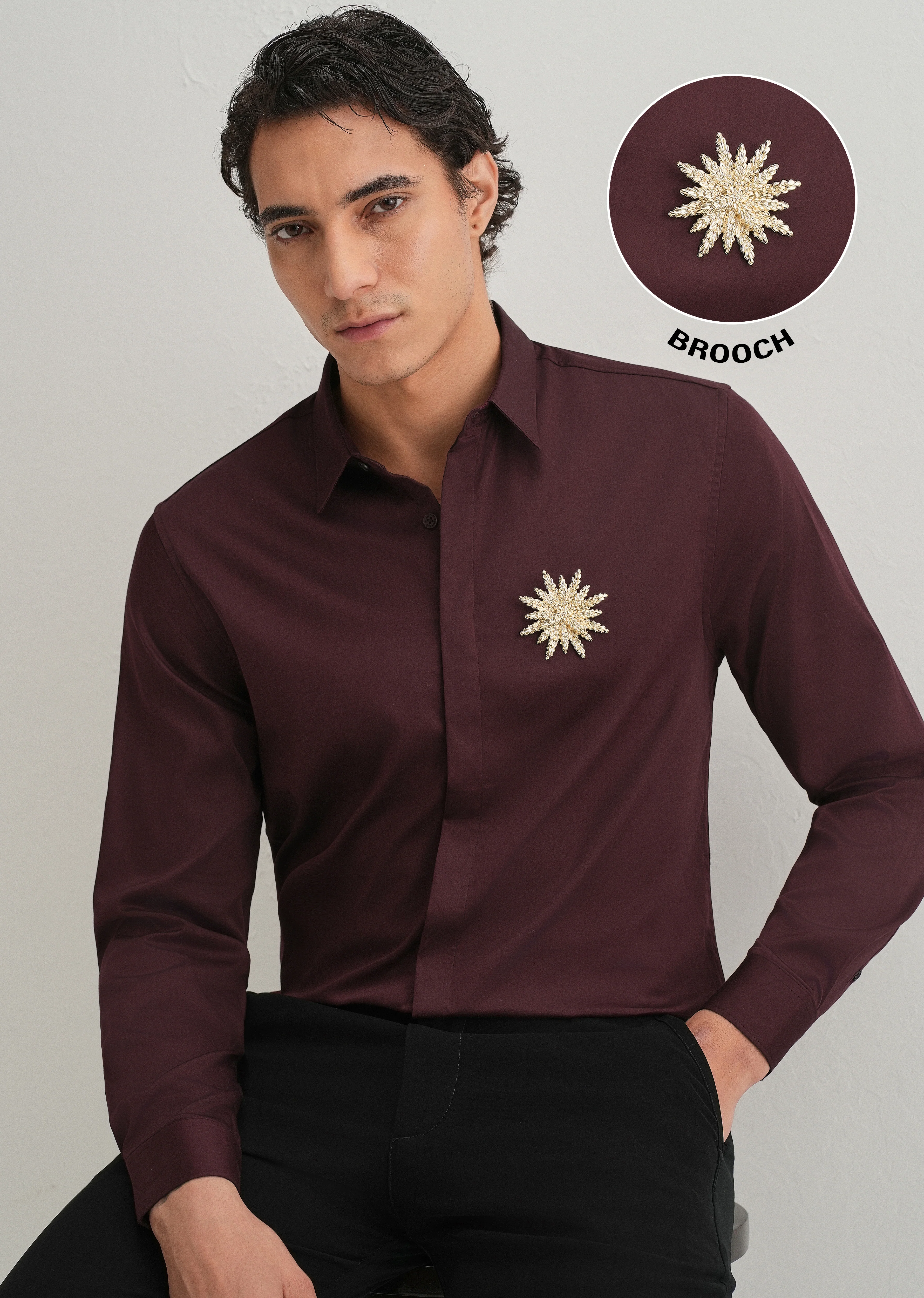 Star Floral Brooch Wine Designer Shirt - Image 7