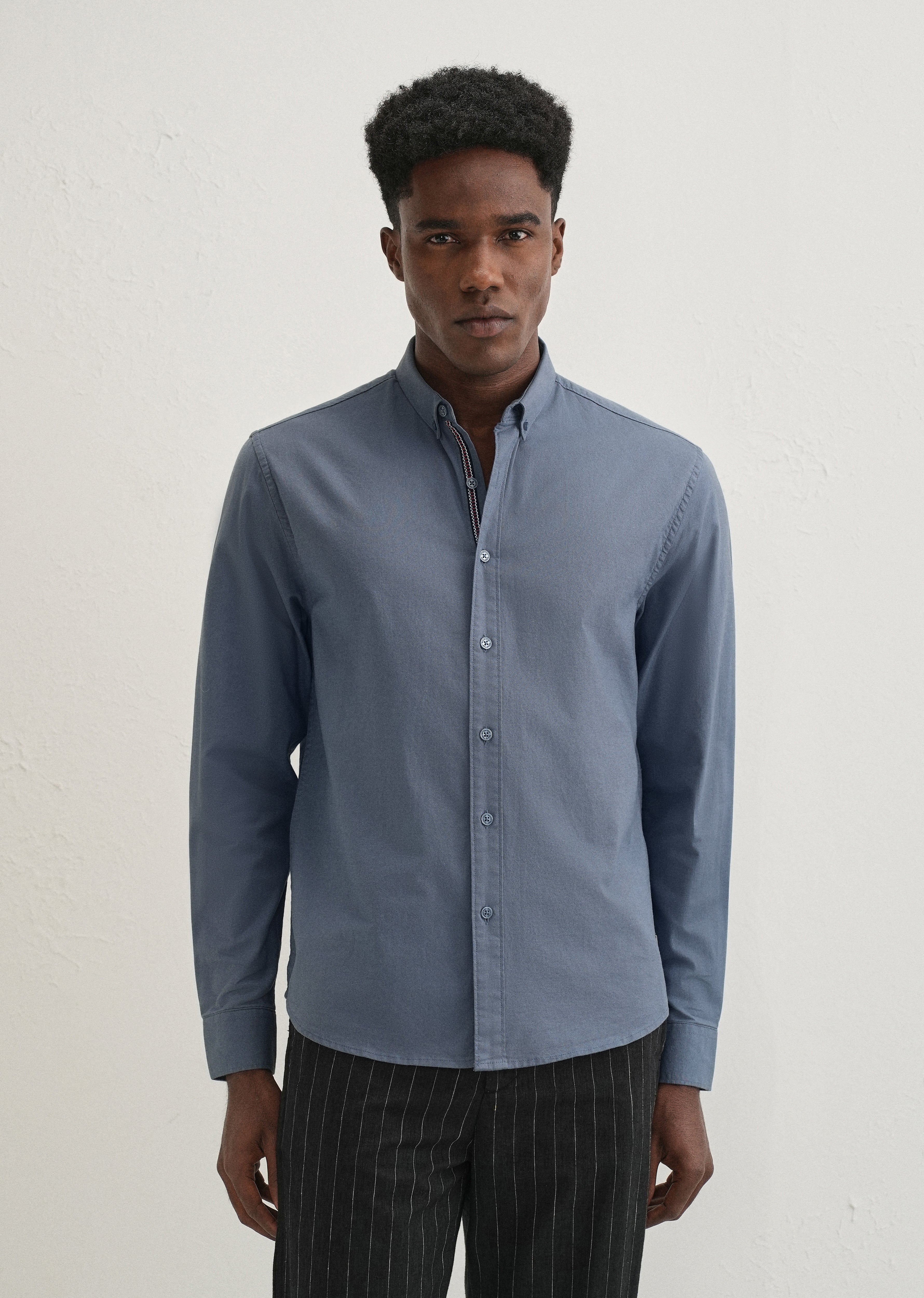 Stone Blue Contrast Placket Shirt - Image 3