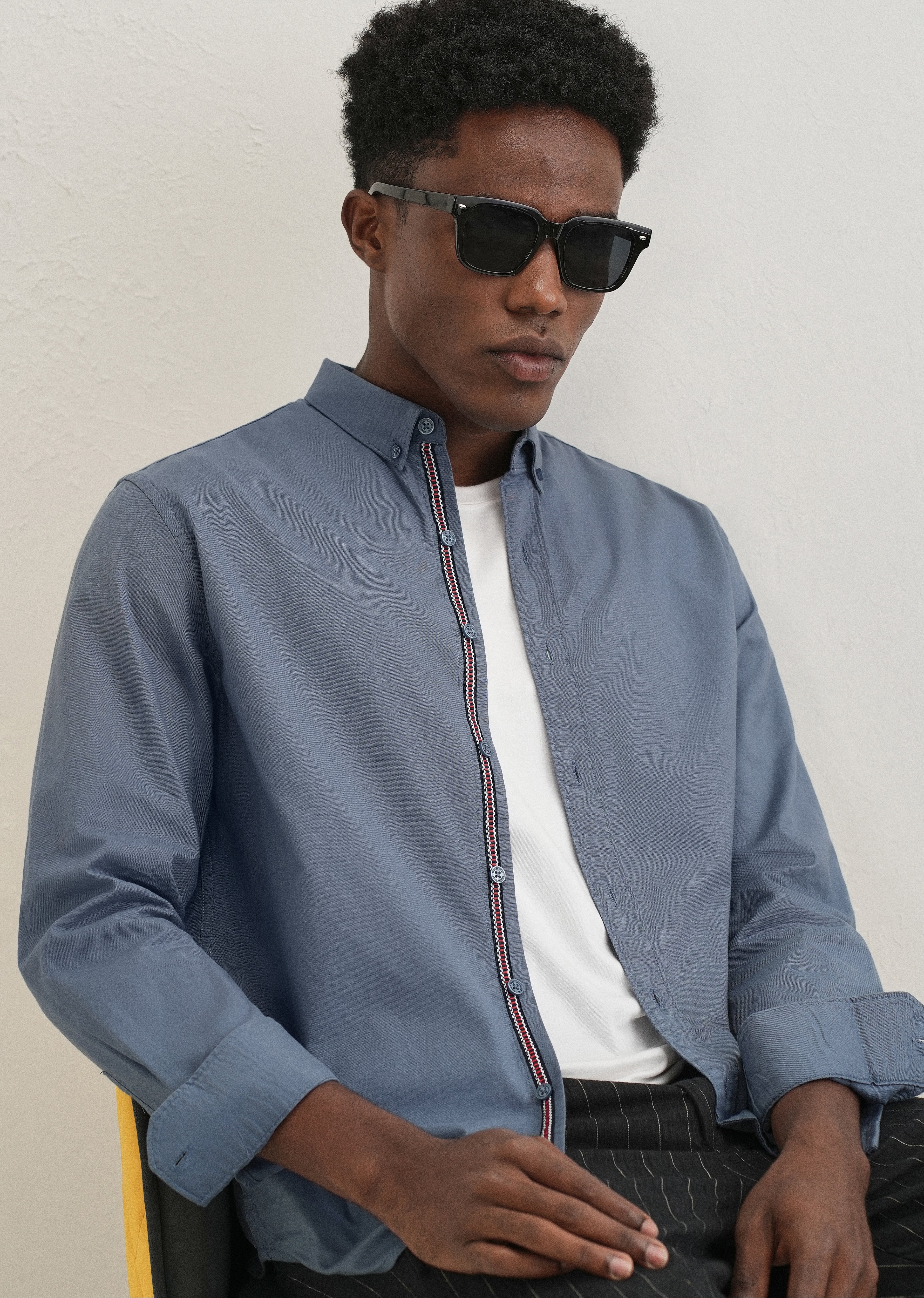 Stone Blue Contrast Placket Shirt - Image 8