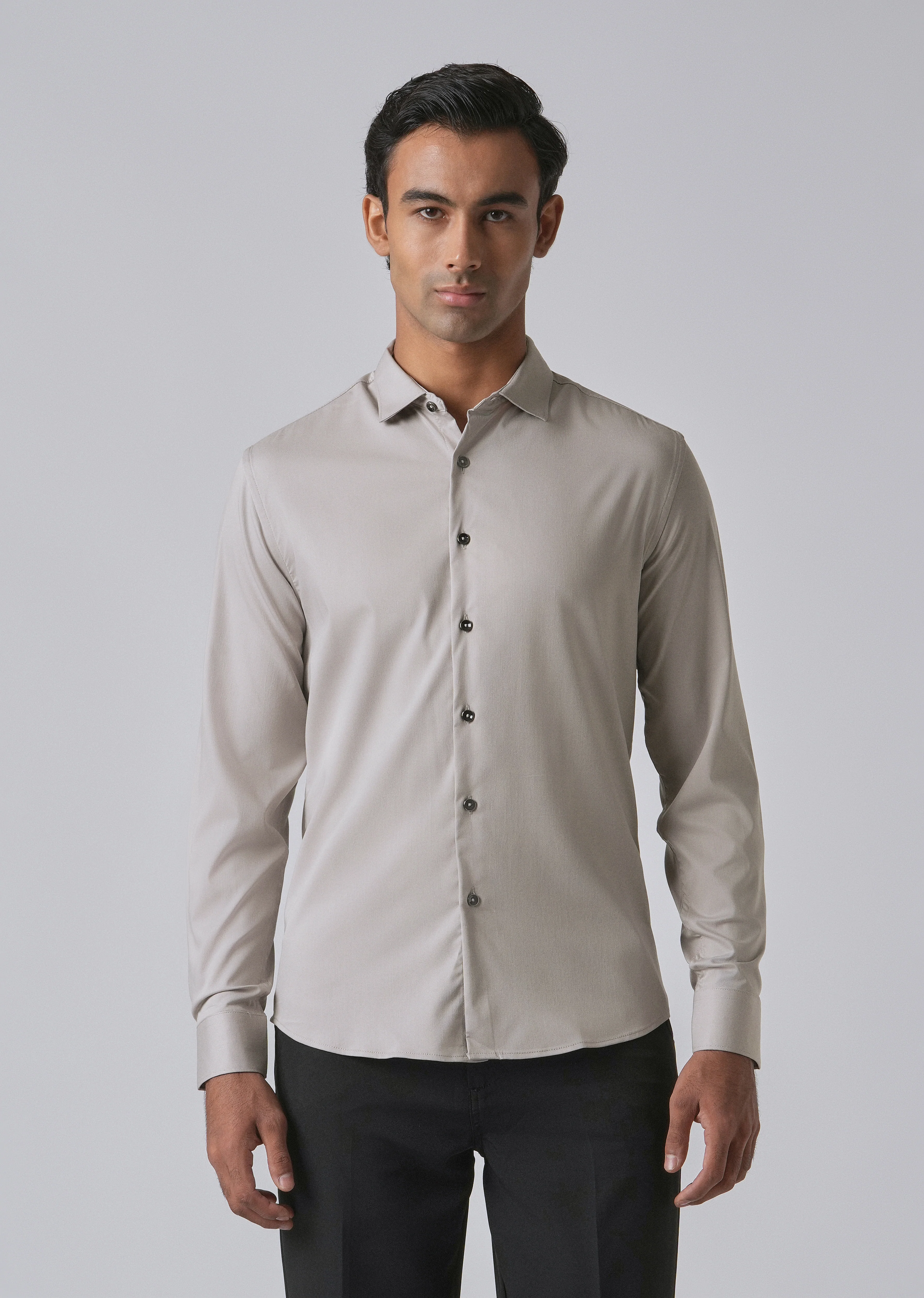 Stone Grey Cotton Stretch Plain Shirt - Image 3