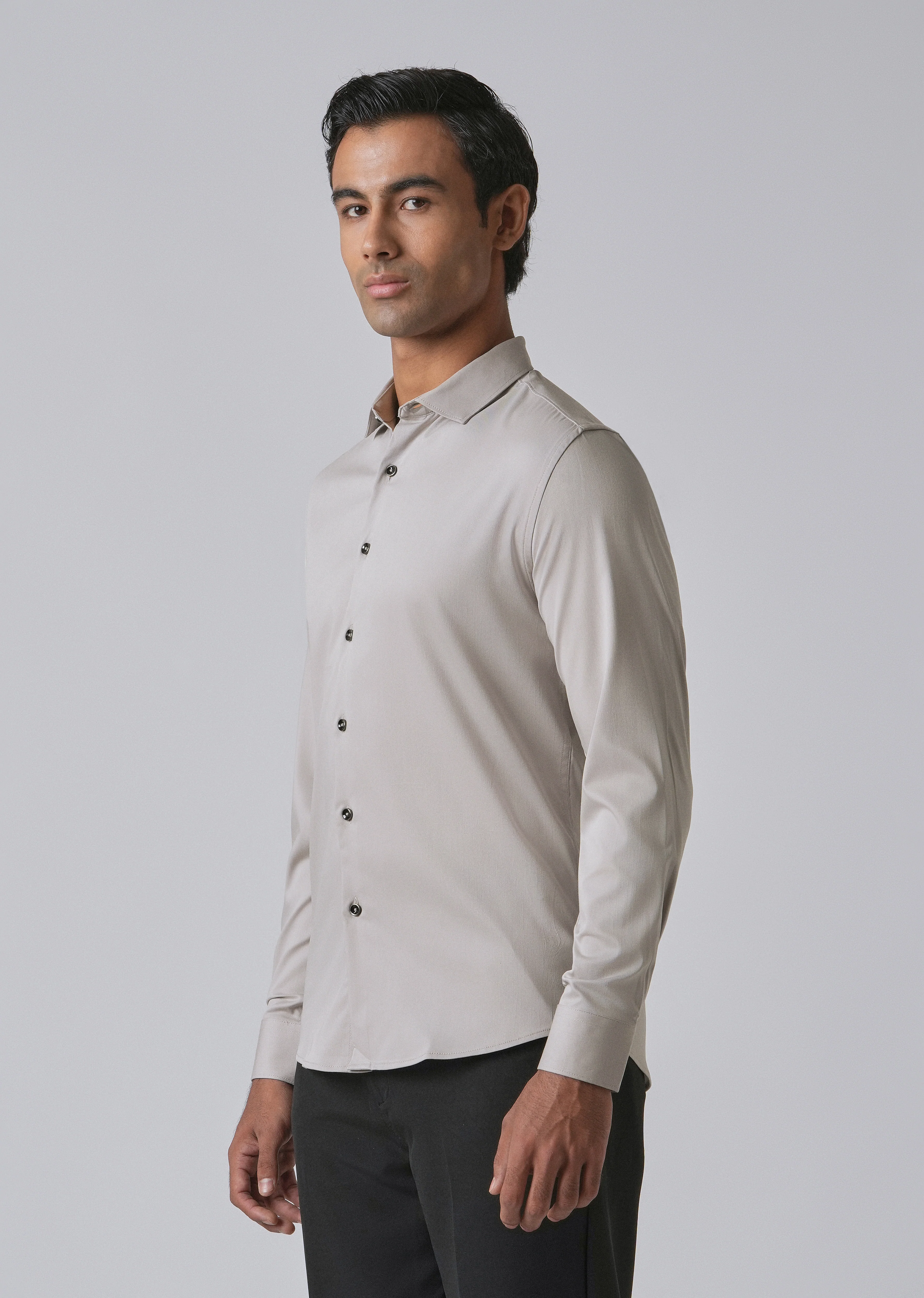 Stone Grey Cotton Stretch Plain Shirt - Image 4