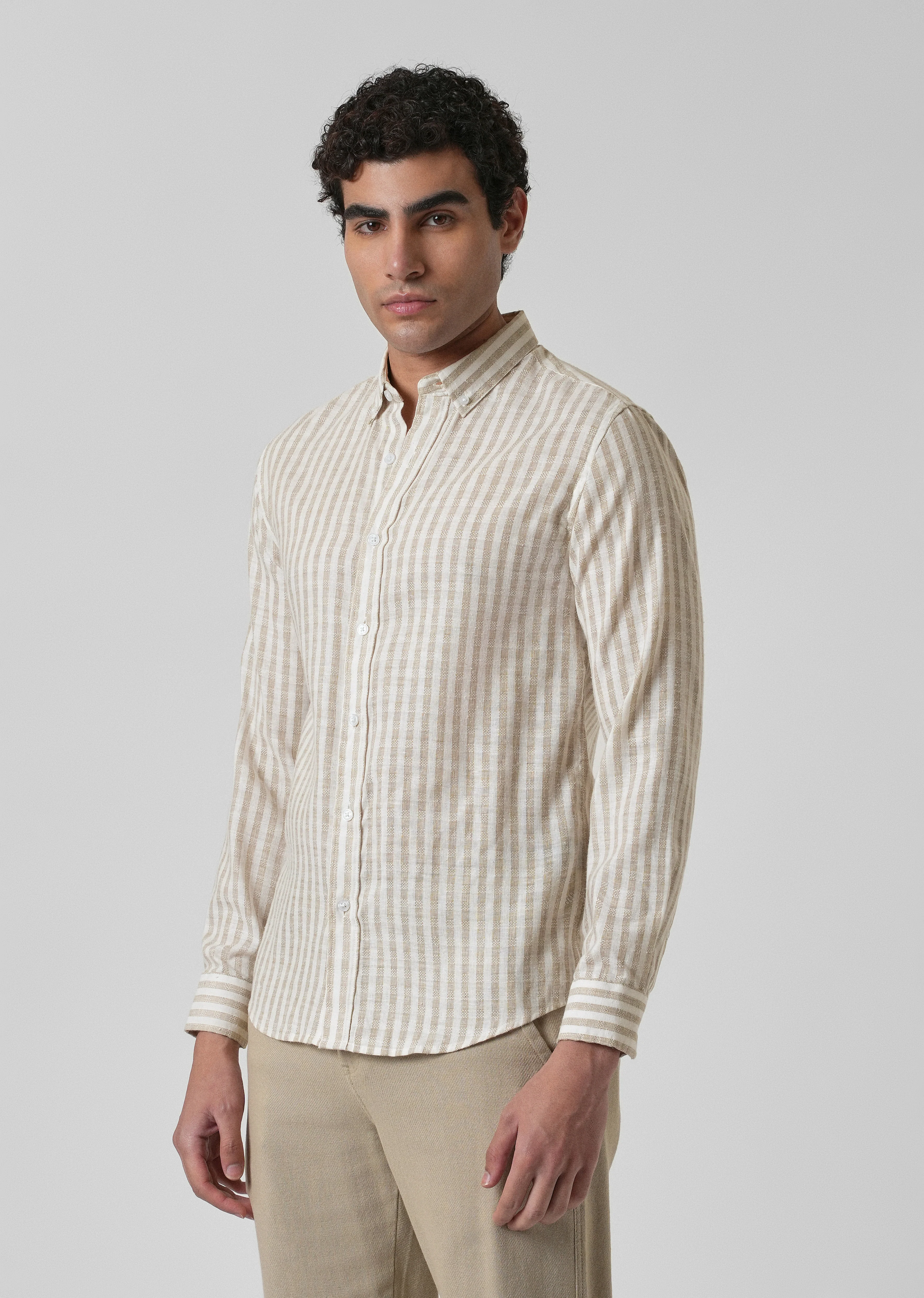 Striped Beige Blended Linen Shirt - Image 4