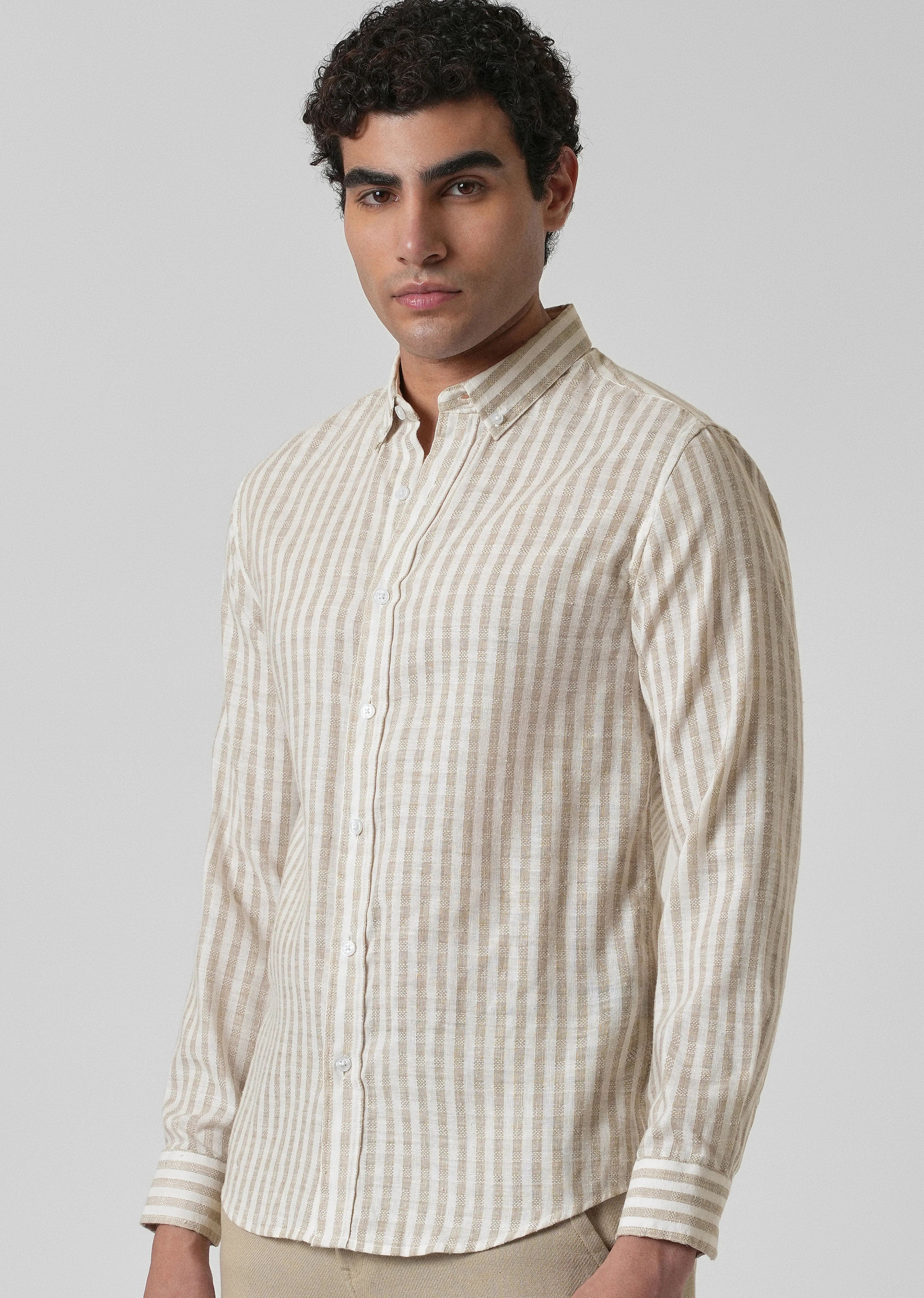 Striped Beige Blended Linen Shirt - Image 7