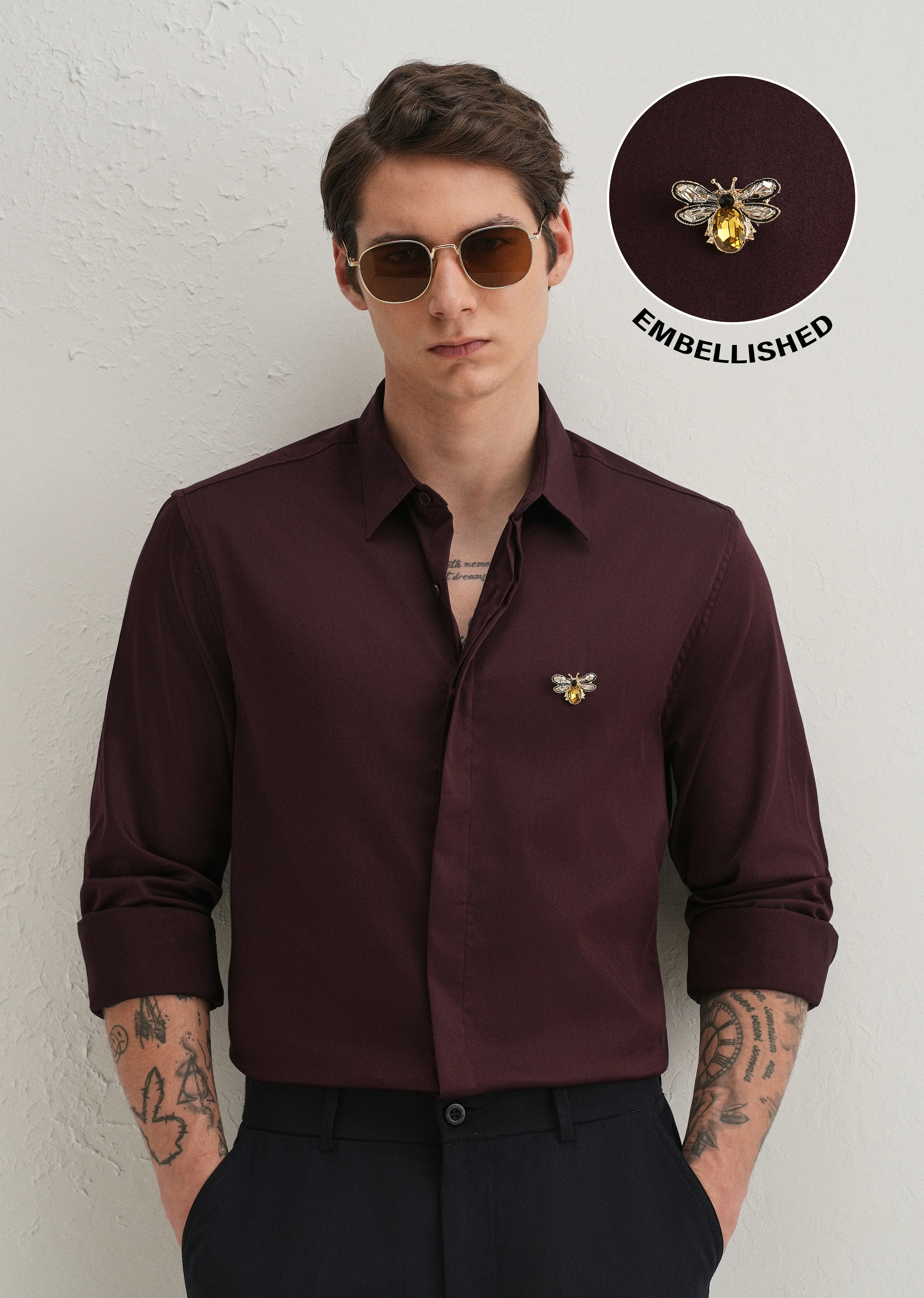 Stud Bee Embellished Wine Designer Shirt - Image 7