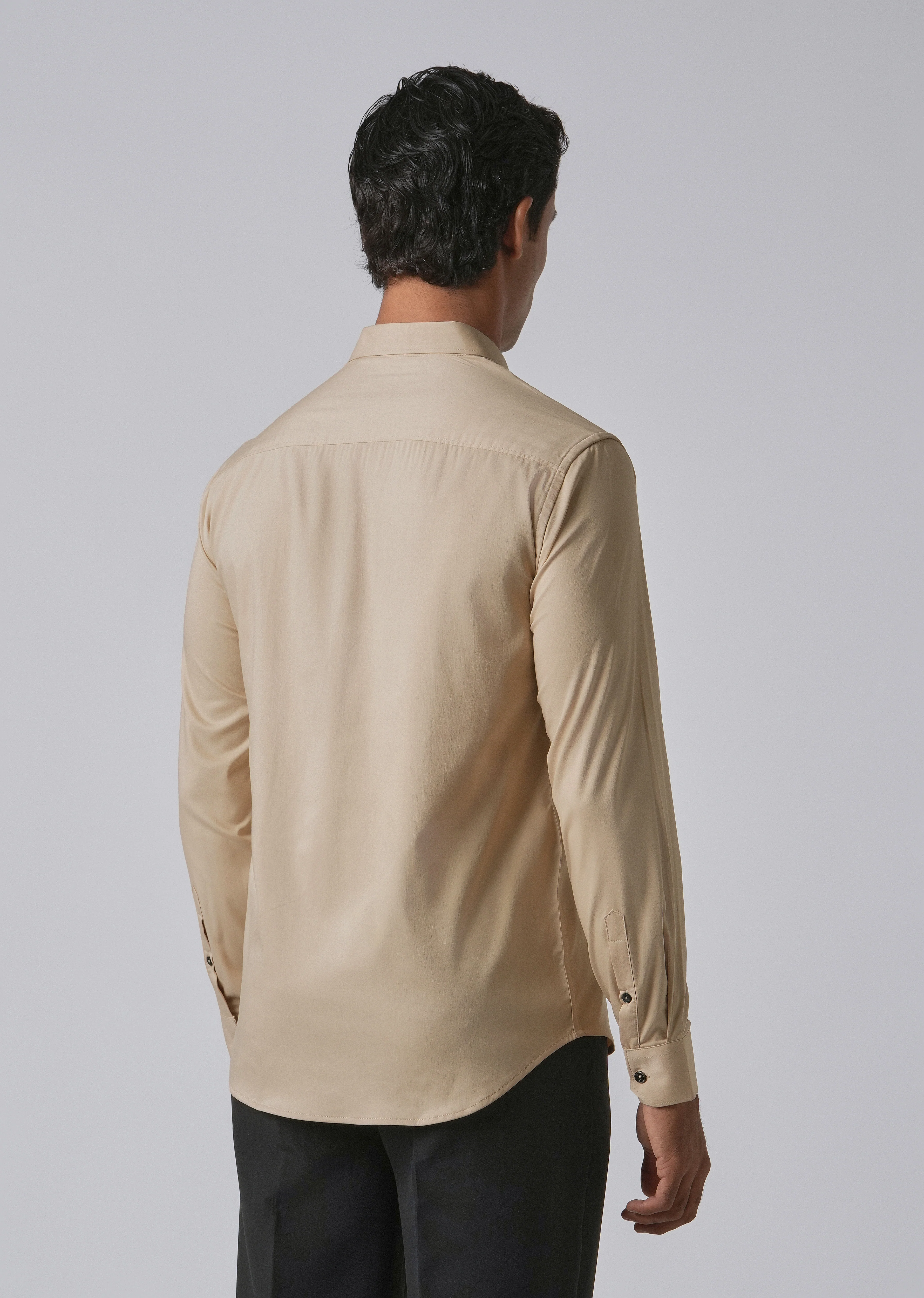Tan Beige Cotton Stretch Plain Shirt - Image 2