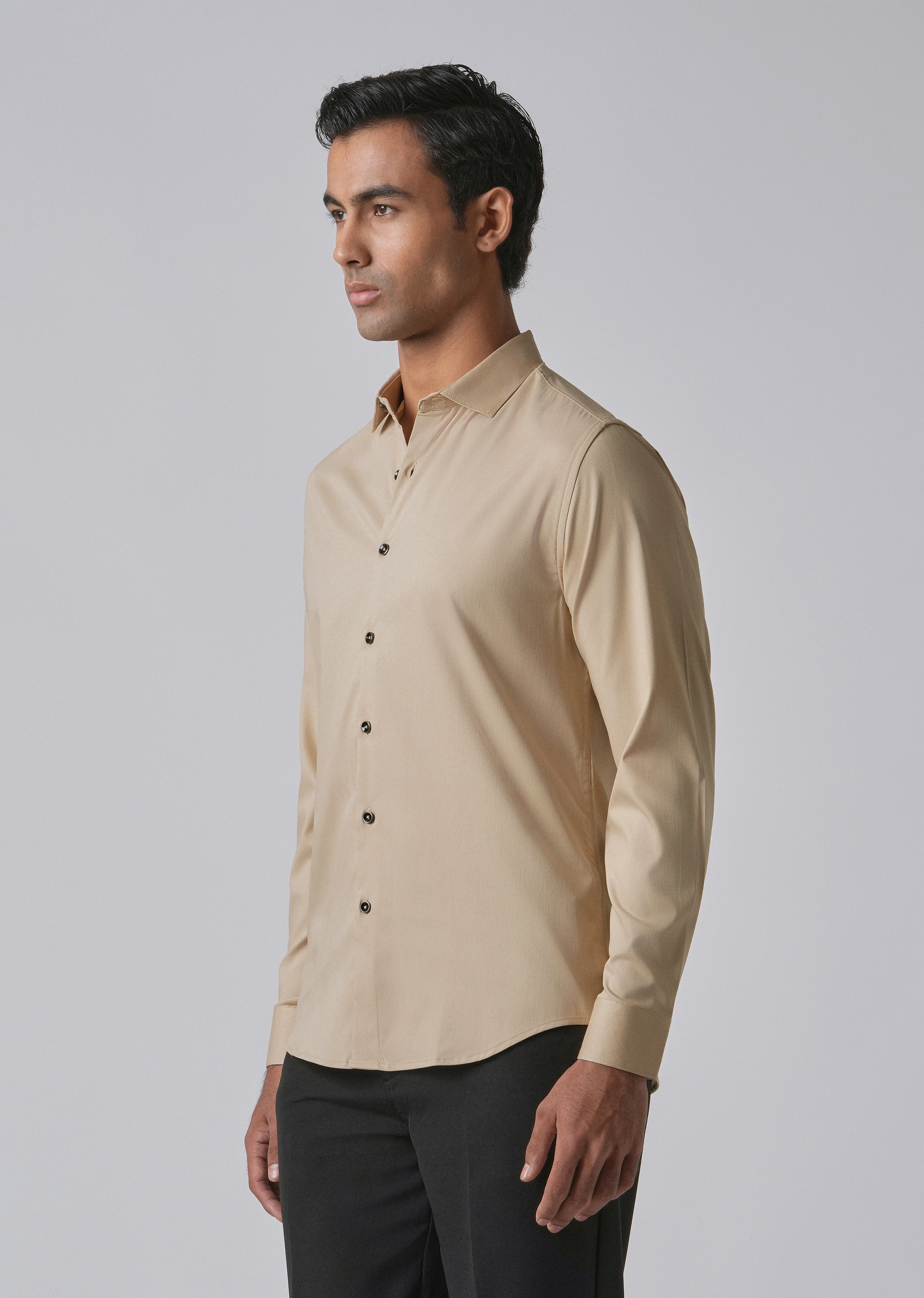 Tan Beige Cotton Stretch Plain Shirt - Image 4