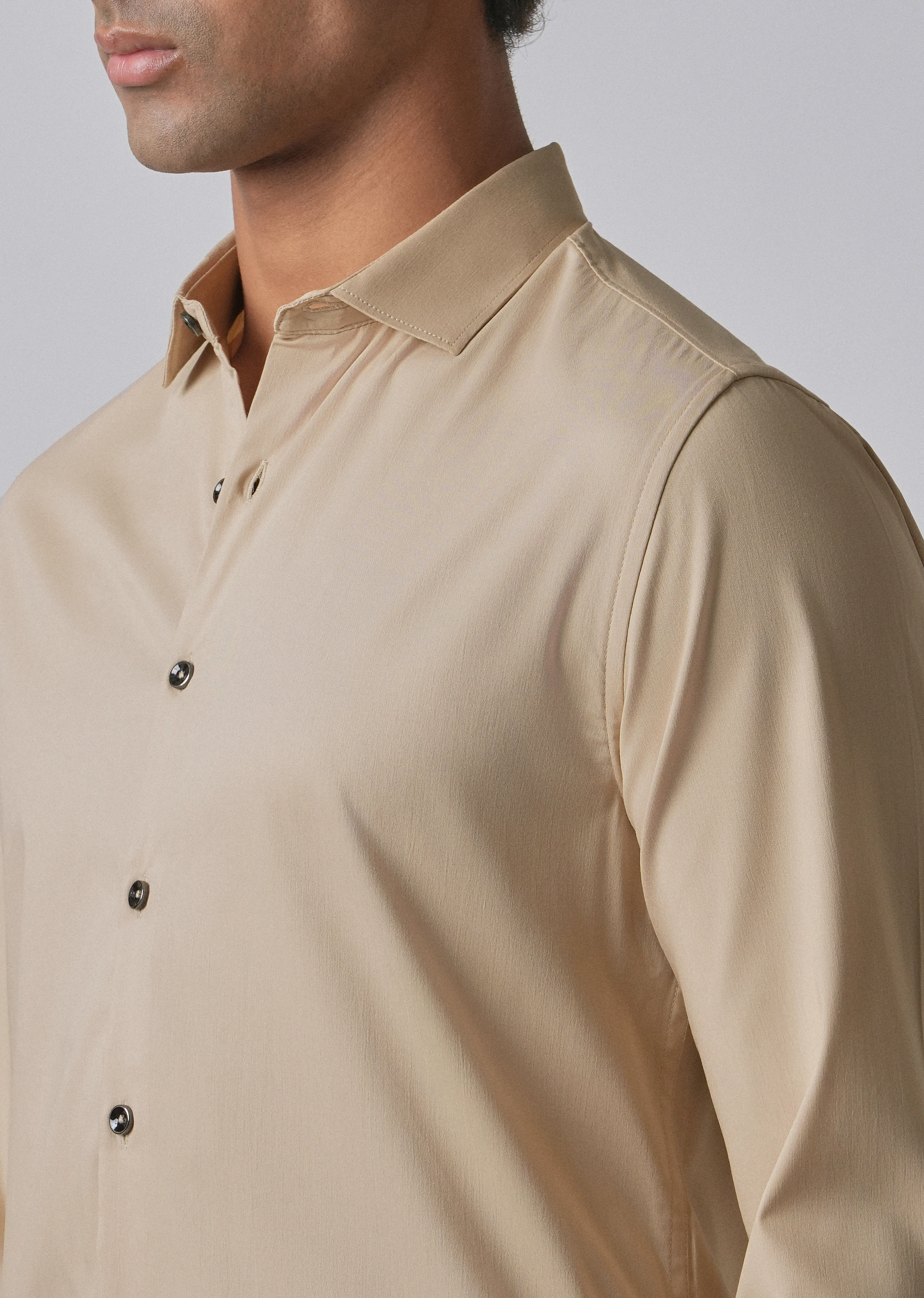 Tan Beige Cotton Stretch Plain Shirt - Image 5