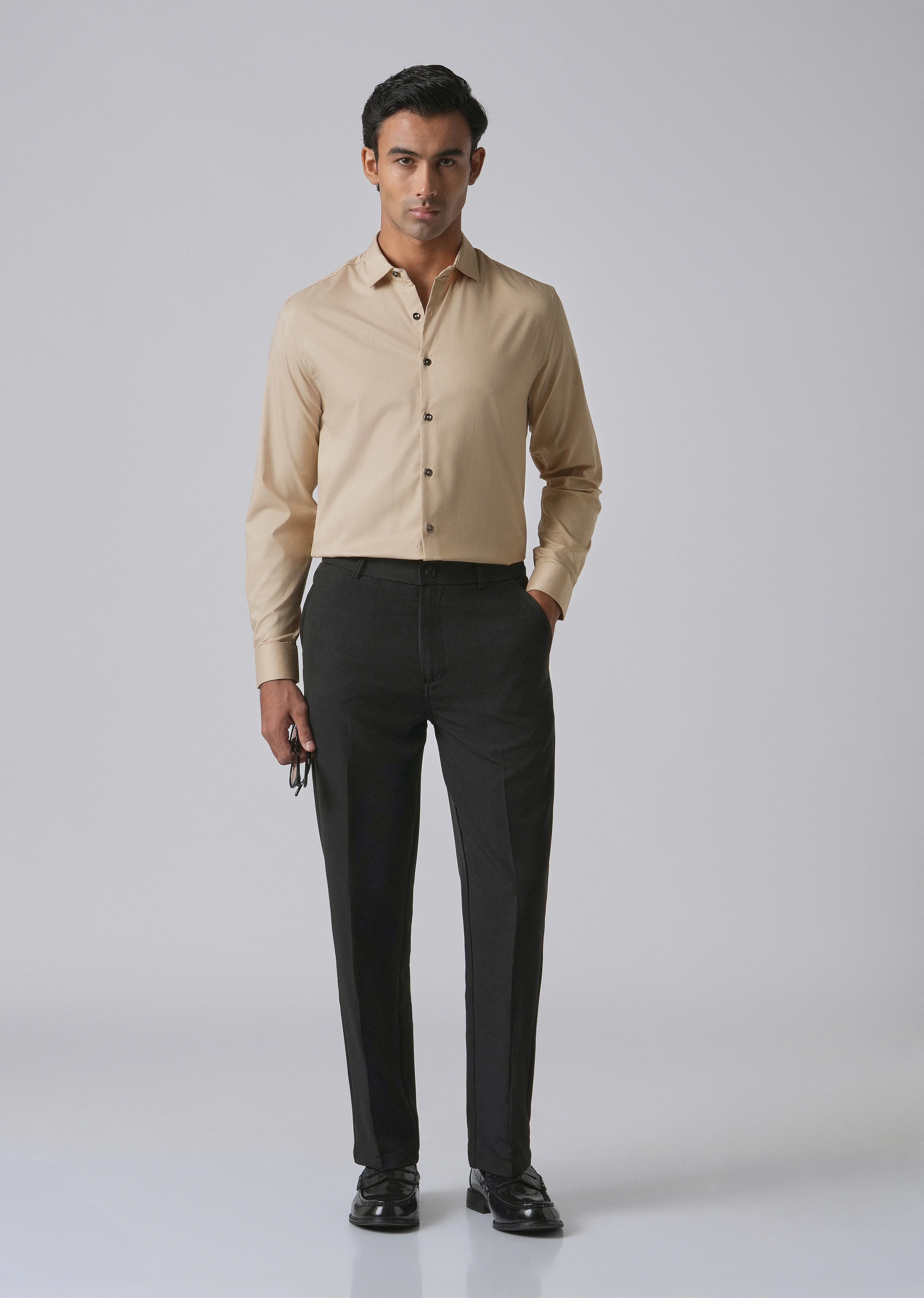 Tan Beige Cotton Stretch Plain Shirt - Image 6
