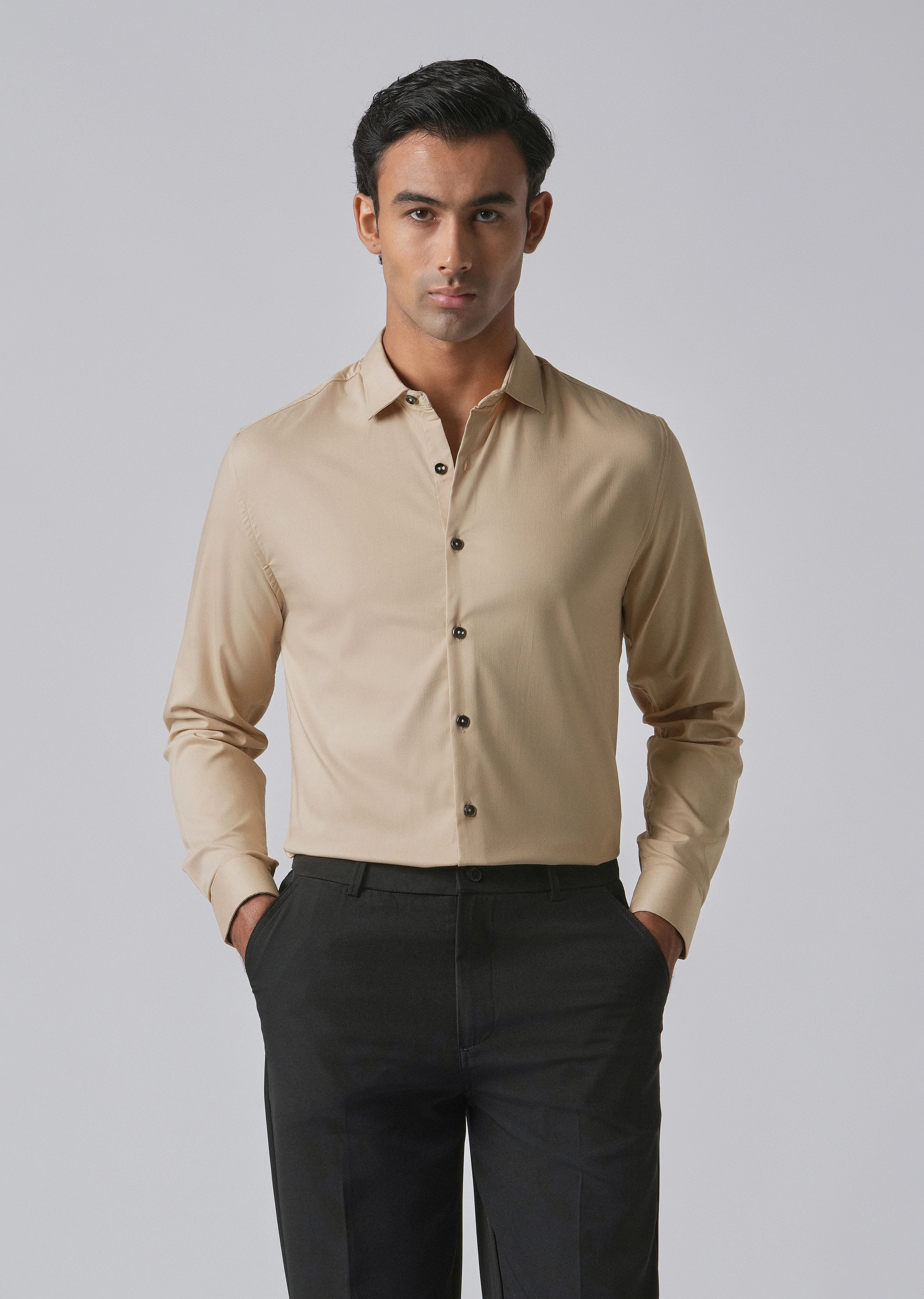 Tan Beige Cotton Stretch Plain Shirt - Image 7