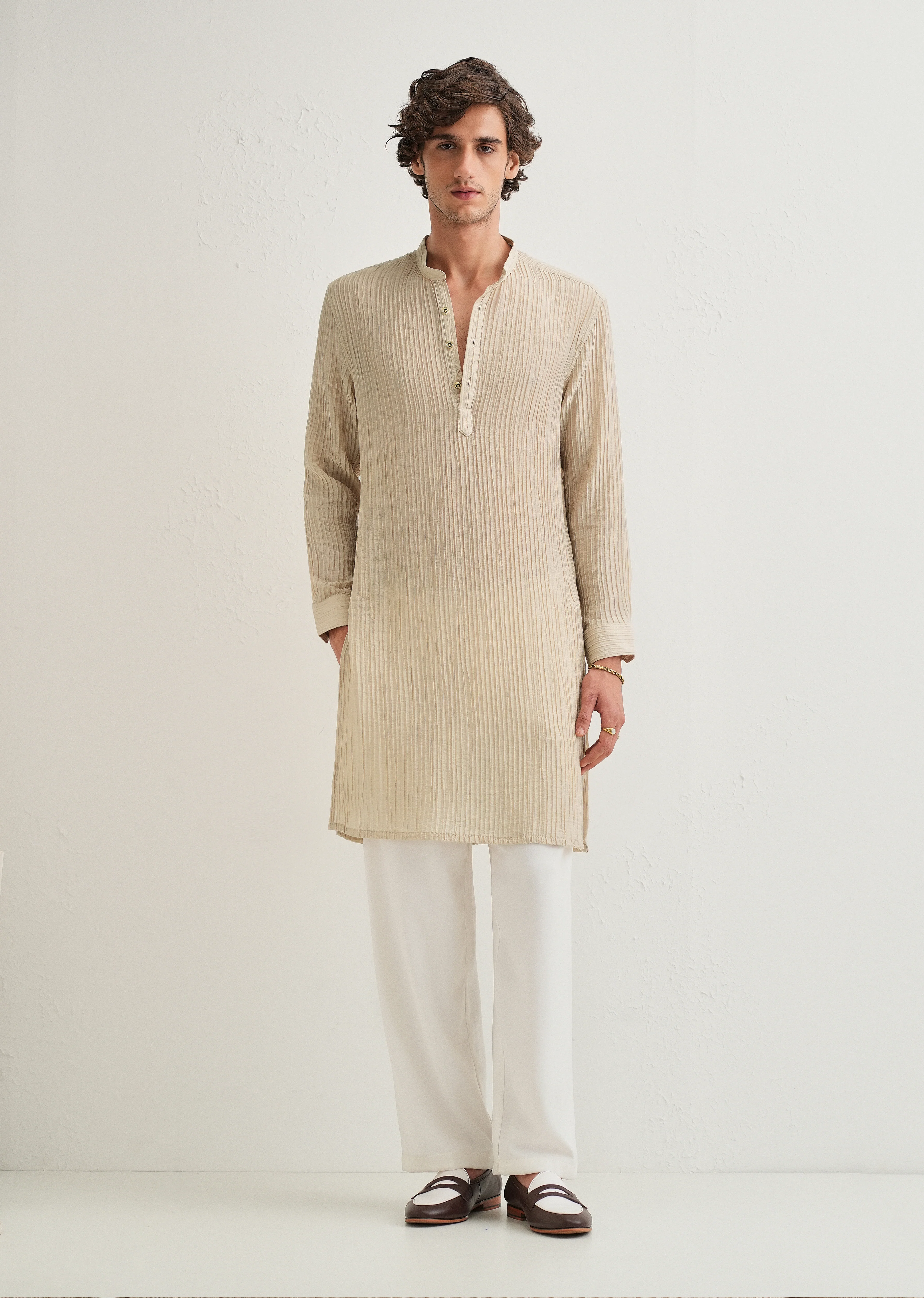 Tan Beige Crinkled Stripe Kurta - Image 4