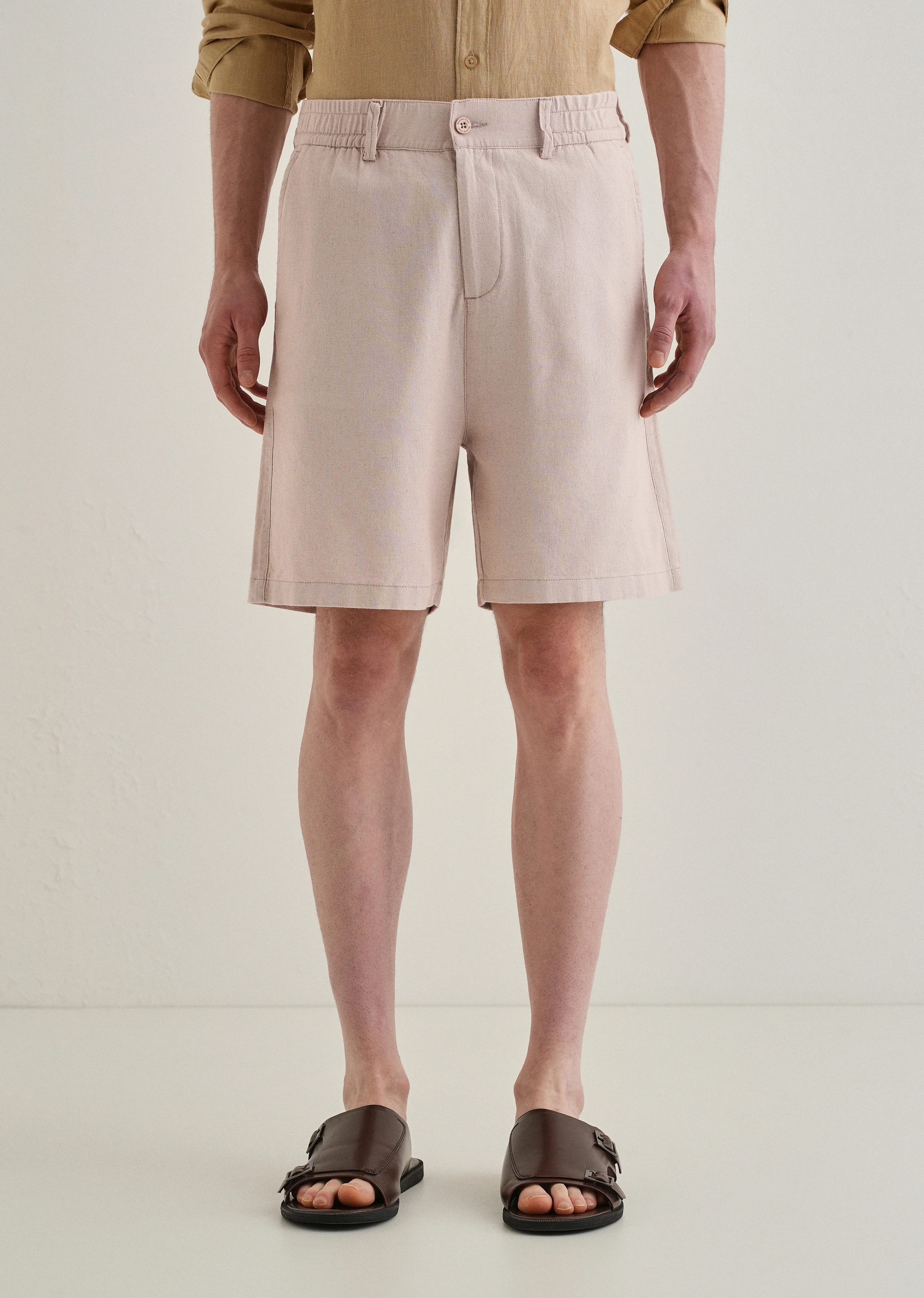 Tan Beige Linen Shorts - Image 3