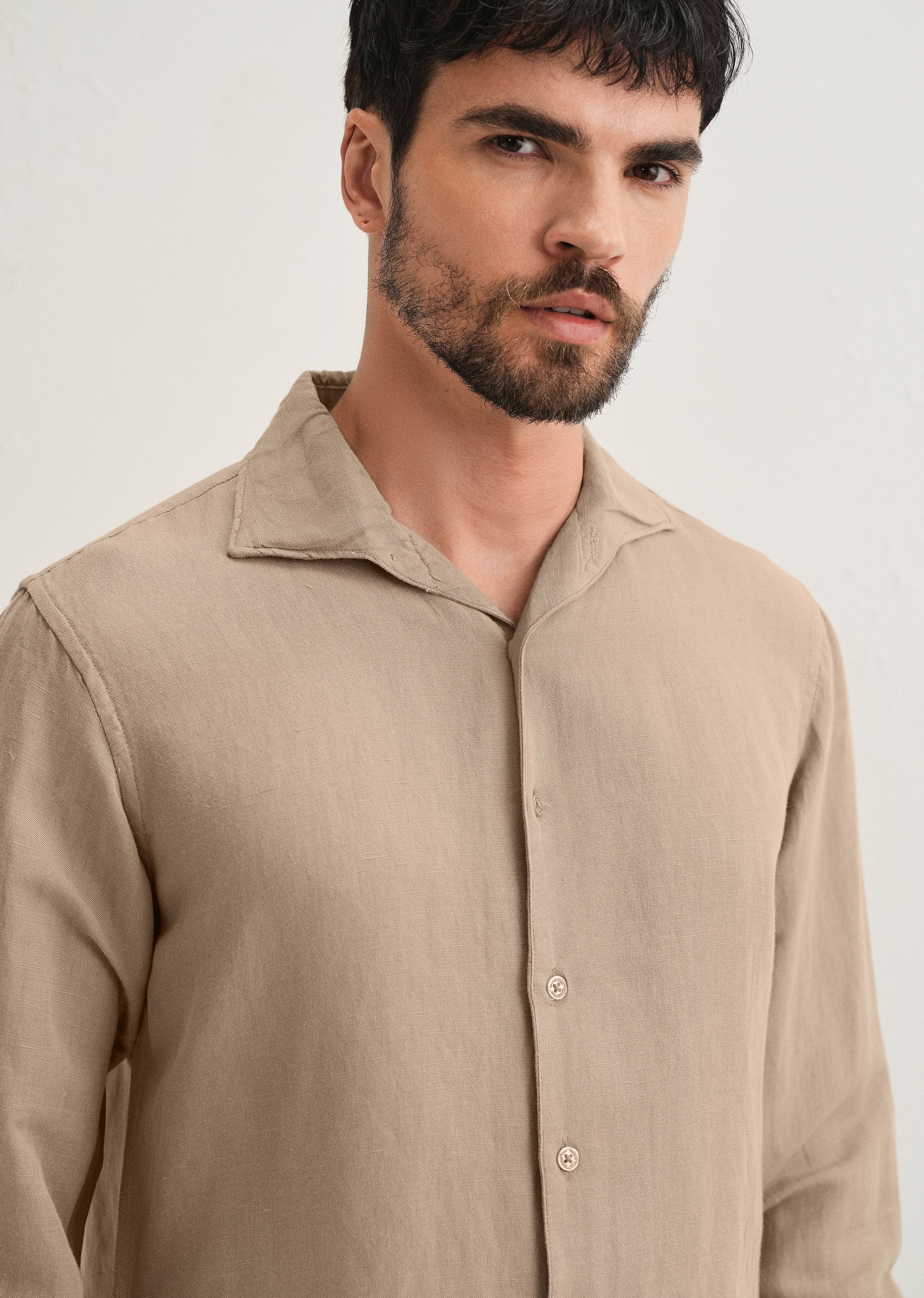 Tan Beige Plain Linen Viscose Shirt - Image 2