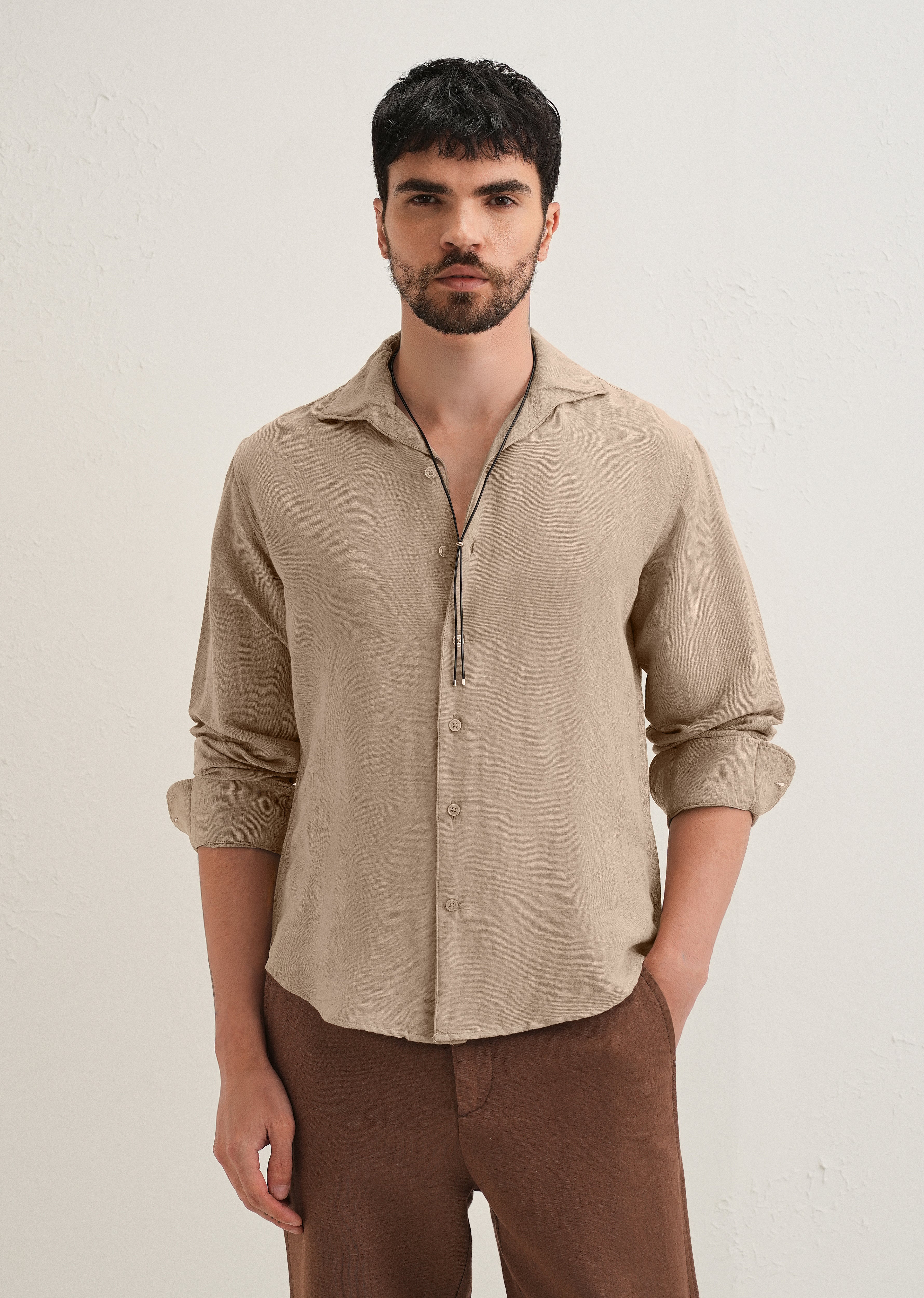 Tan Beige Plain Linen Viscose Shirt - Image 4