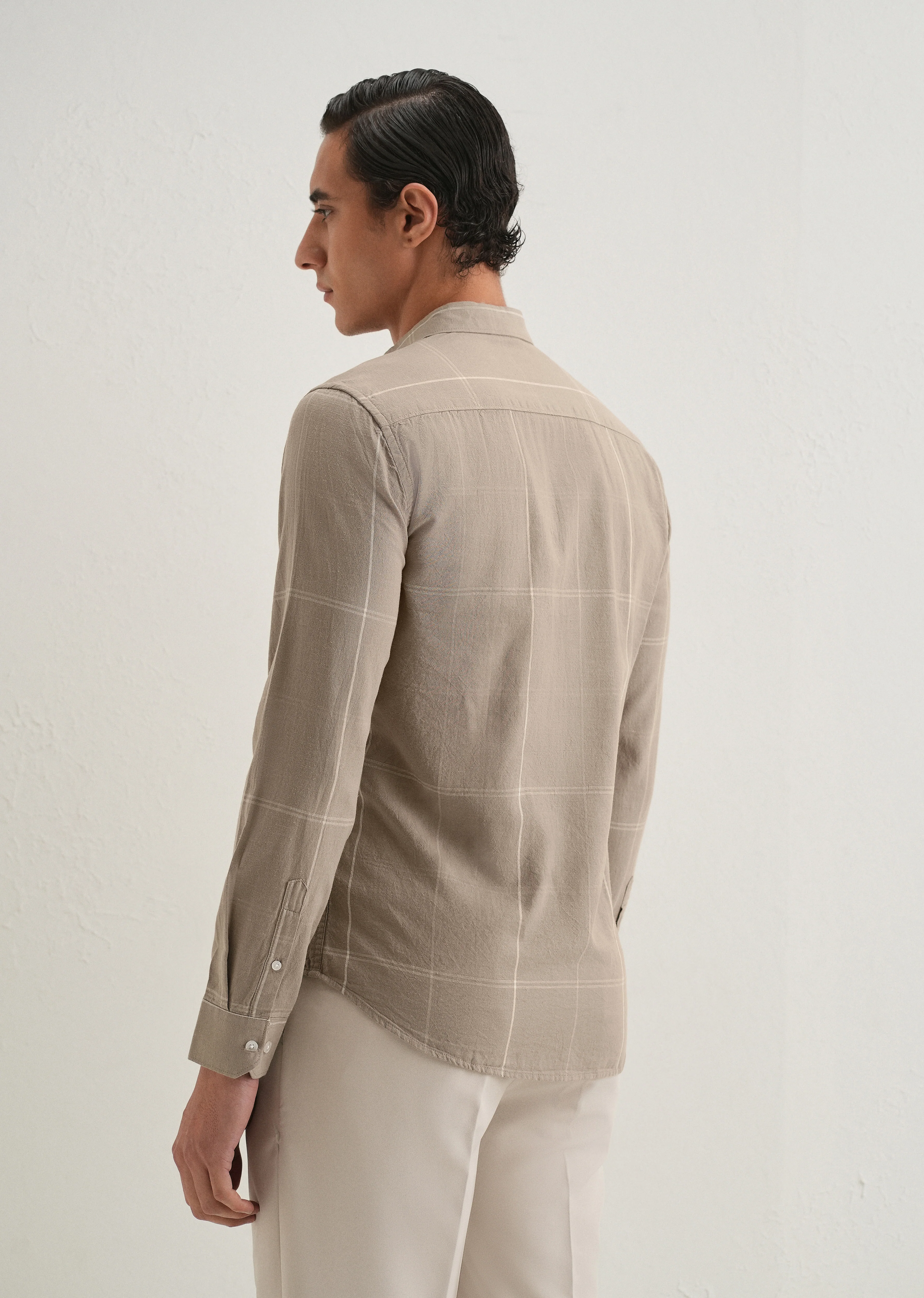 Tan Blended Linen Check Shirt - Image 2
