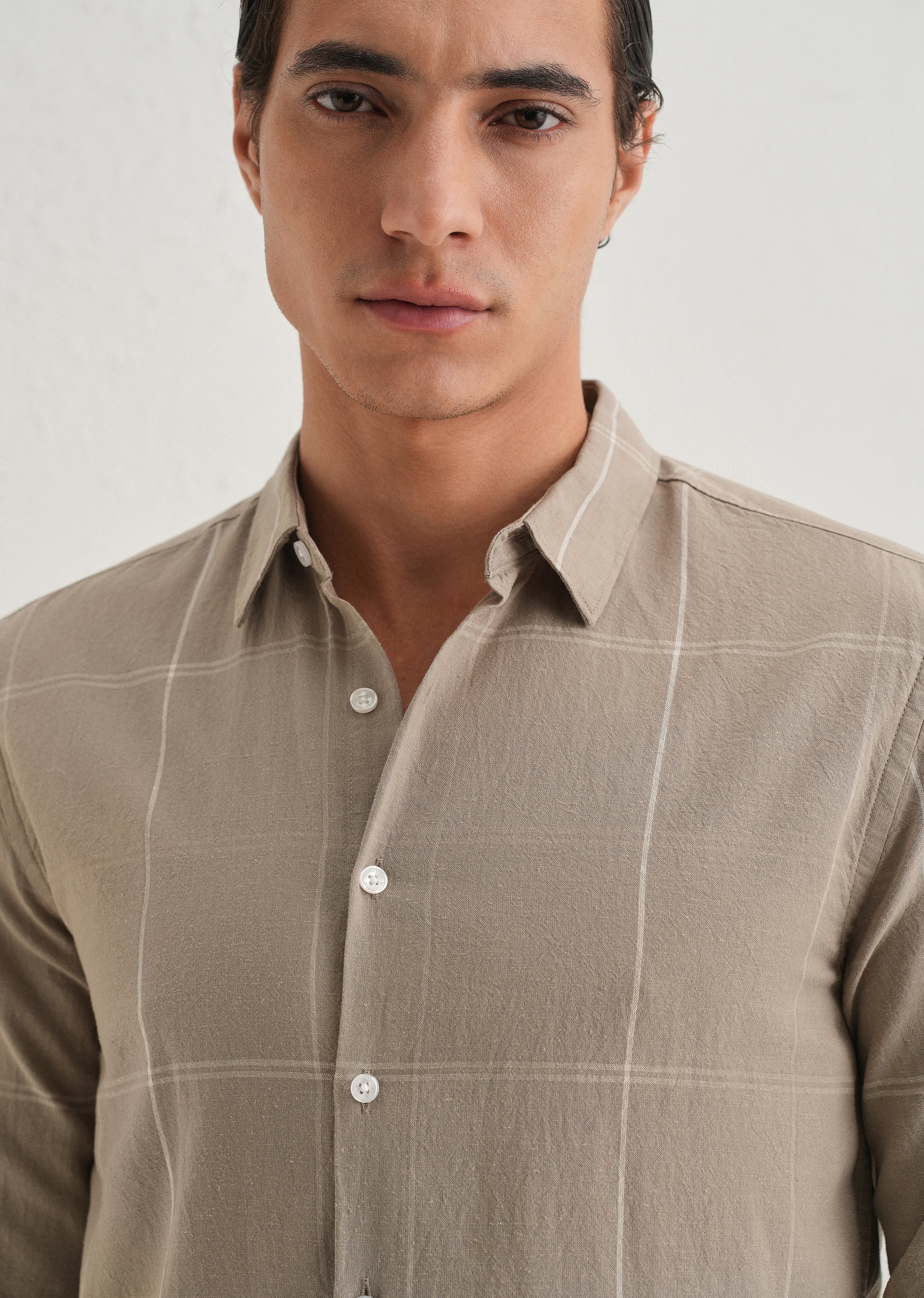 Tan Blended Linen Check Shirt - Image 5