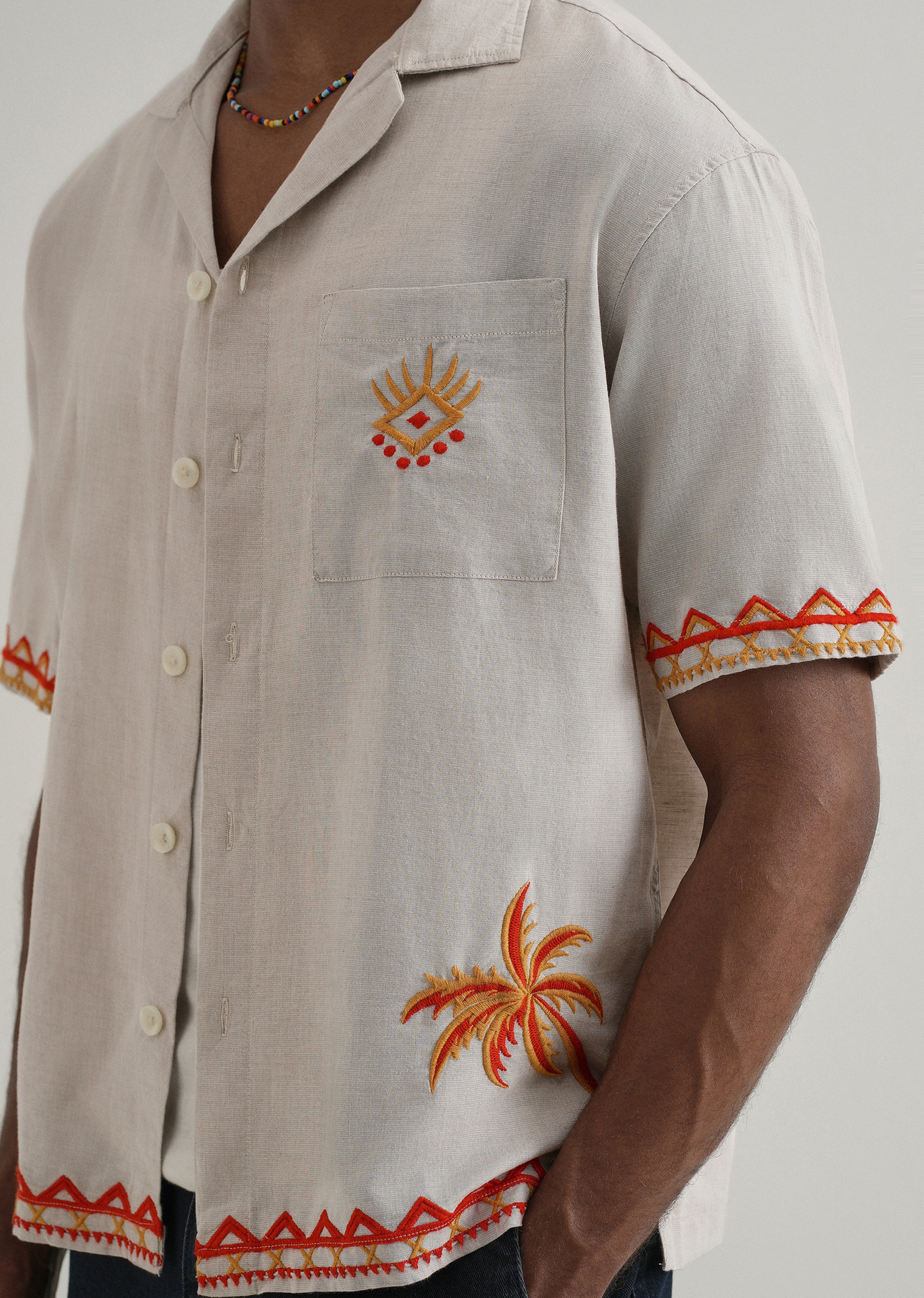 Tan Embroidery Cuban Collar Shirt - Image 2