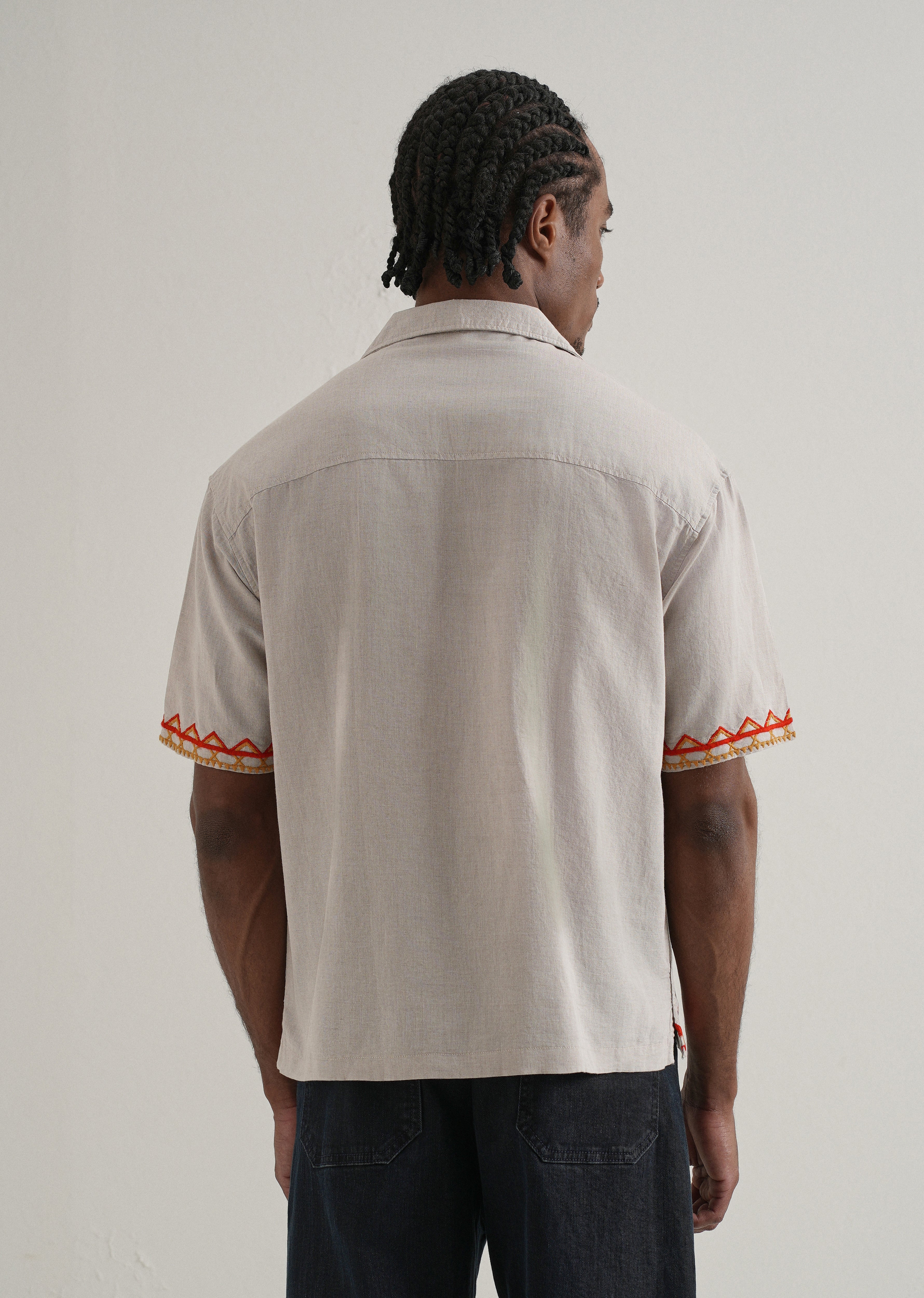 Tan Embroidery Cuban Collar Shirt - Image 3