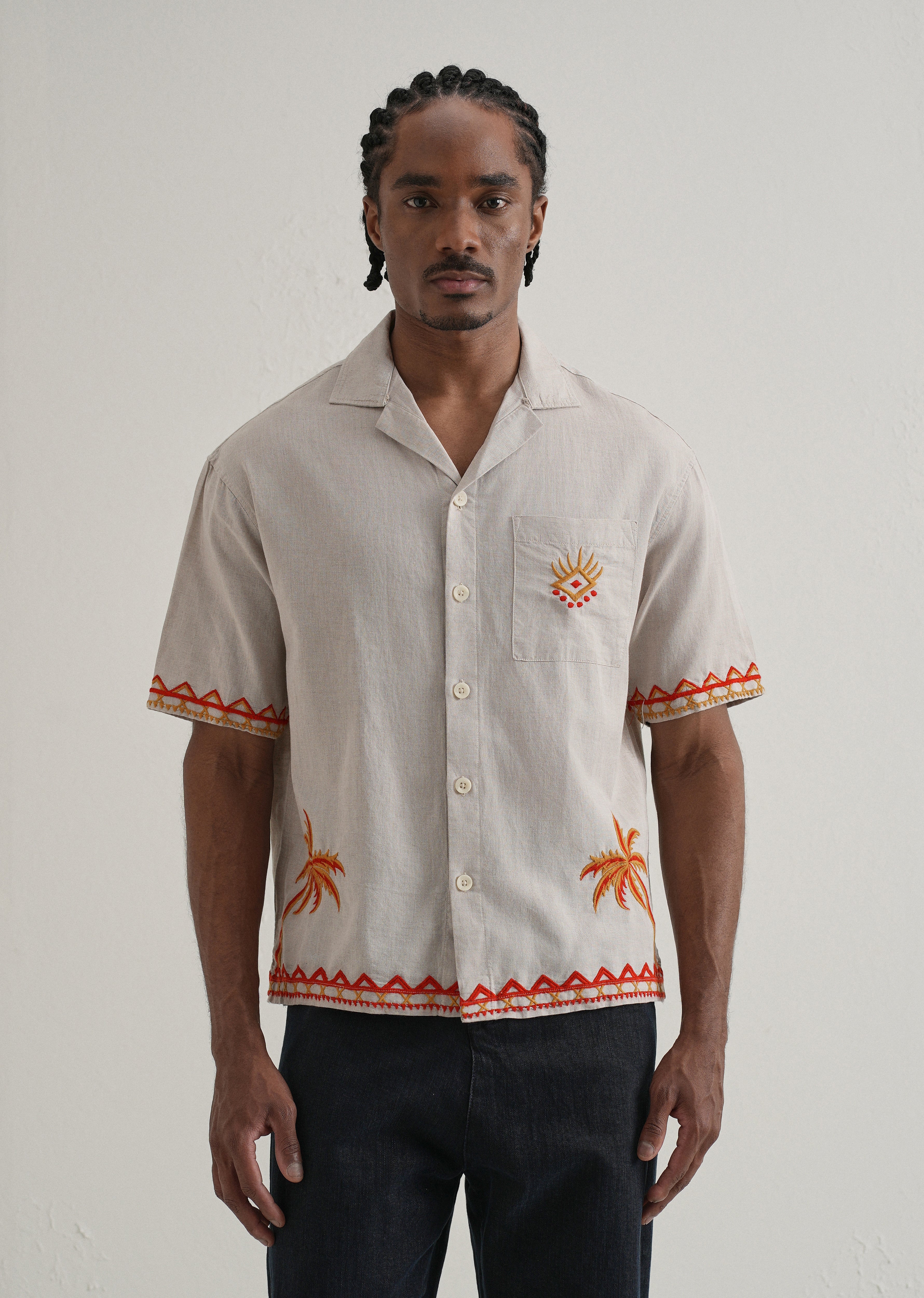 Tan Embroidery Cuban Collar Shirt - Image 4
